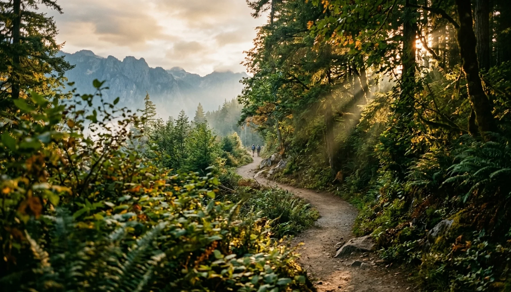 Scenic Gatlinburg trail winding through lush Smoky Mountains forest with golden sunlight and misty ridges in distance