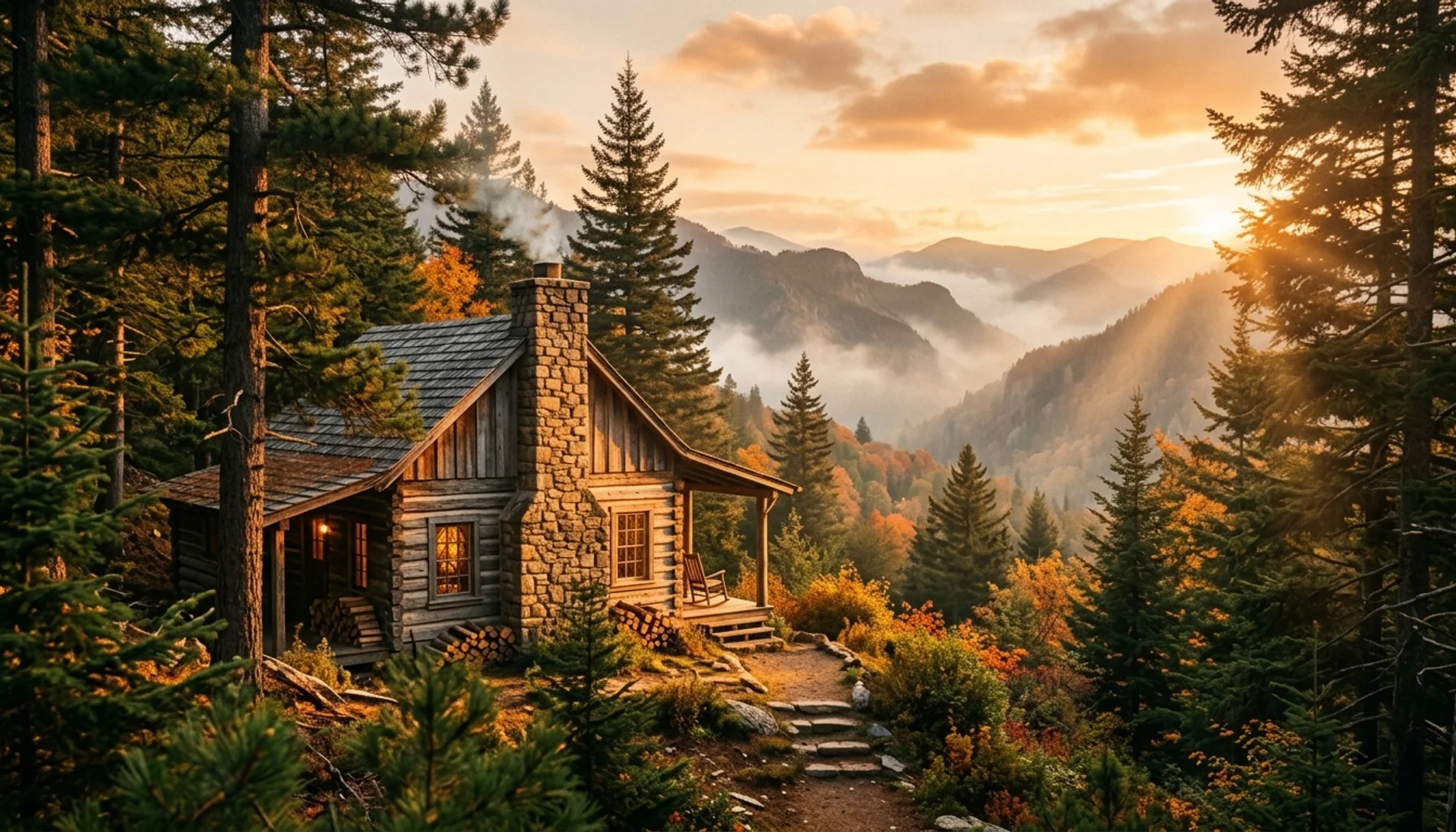Rustic cabin in Great Smoky Mountains surrounded by evergreens at golden hour, with mountain views and autumn foliage