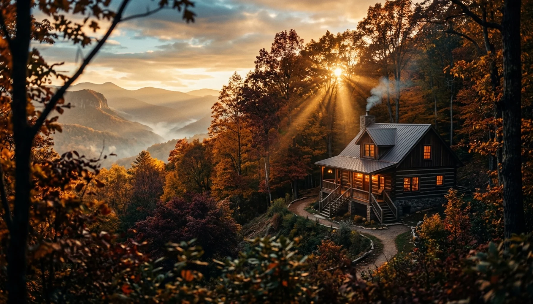Rustic mountain cabin with glowing windows surrounded by autumn foliage at golden hour in Great Smoky Mountains