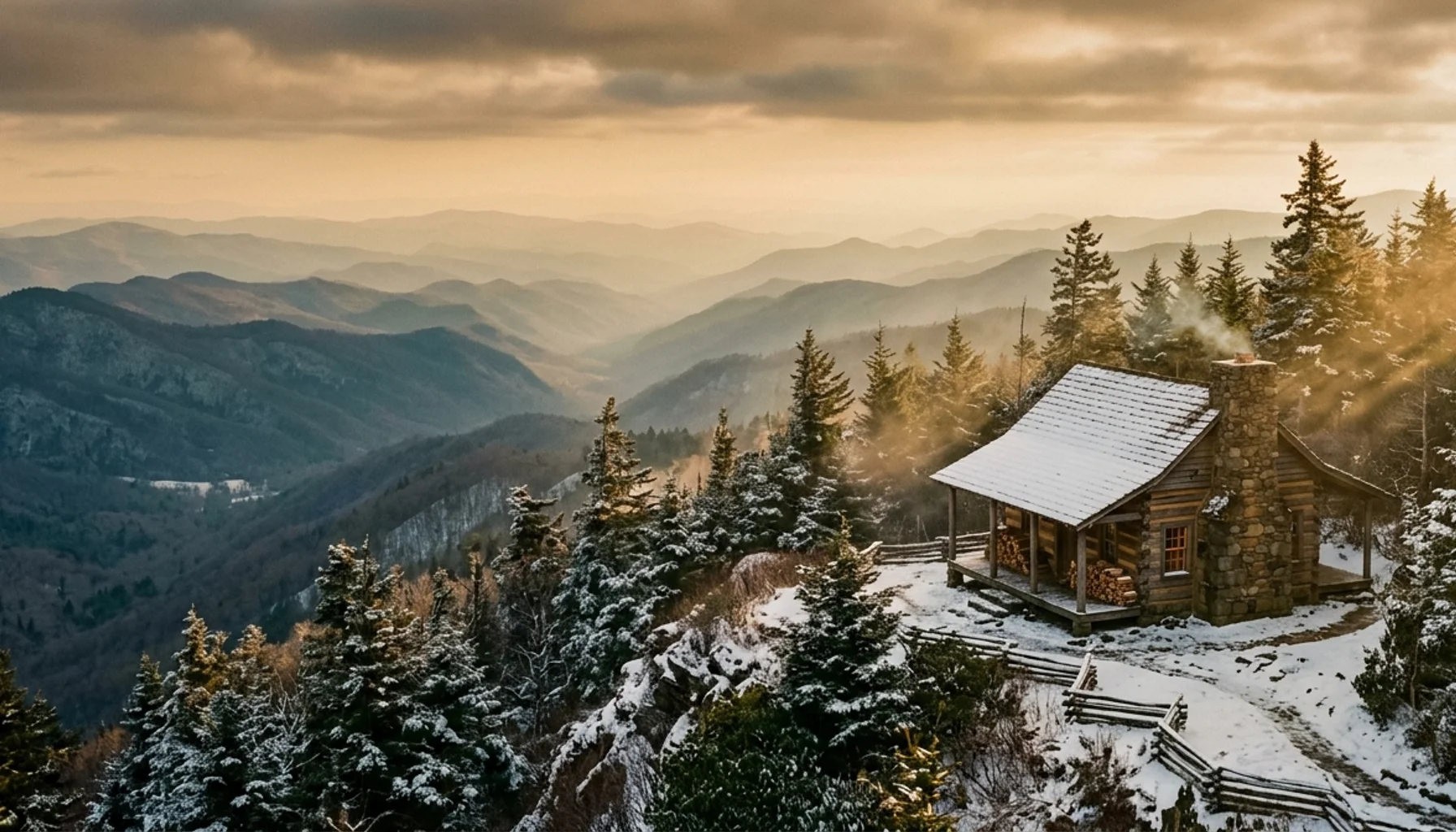 Smoky Mountain private pool cabin rental with panoramic forest views at golden hour, Sevierville TN