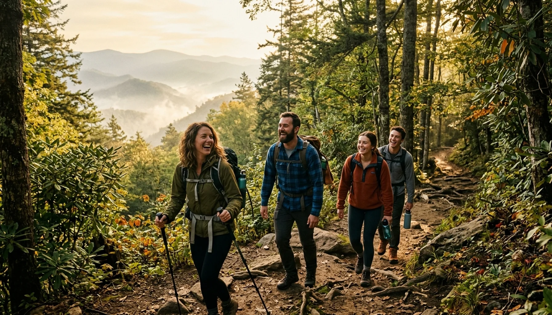 Friends hiking Great Smoky Mountains National Park trails at sunrise with misty peaks in background