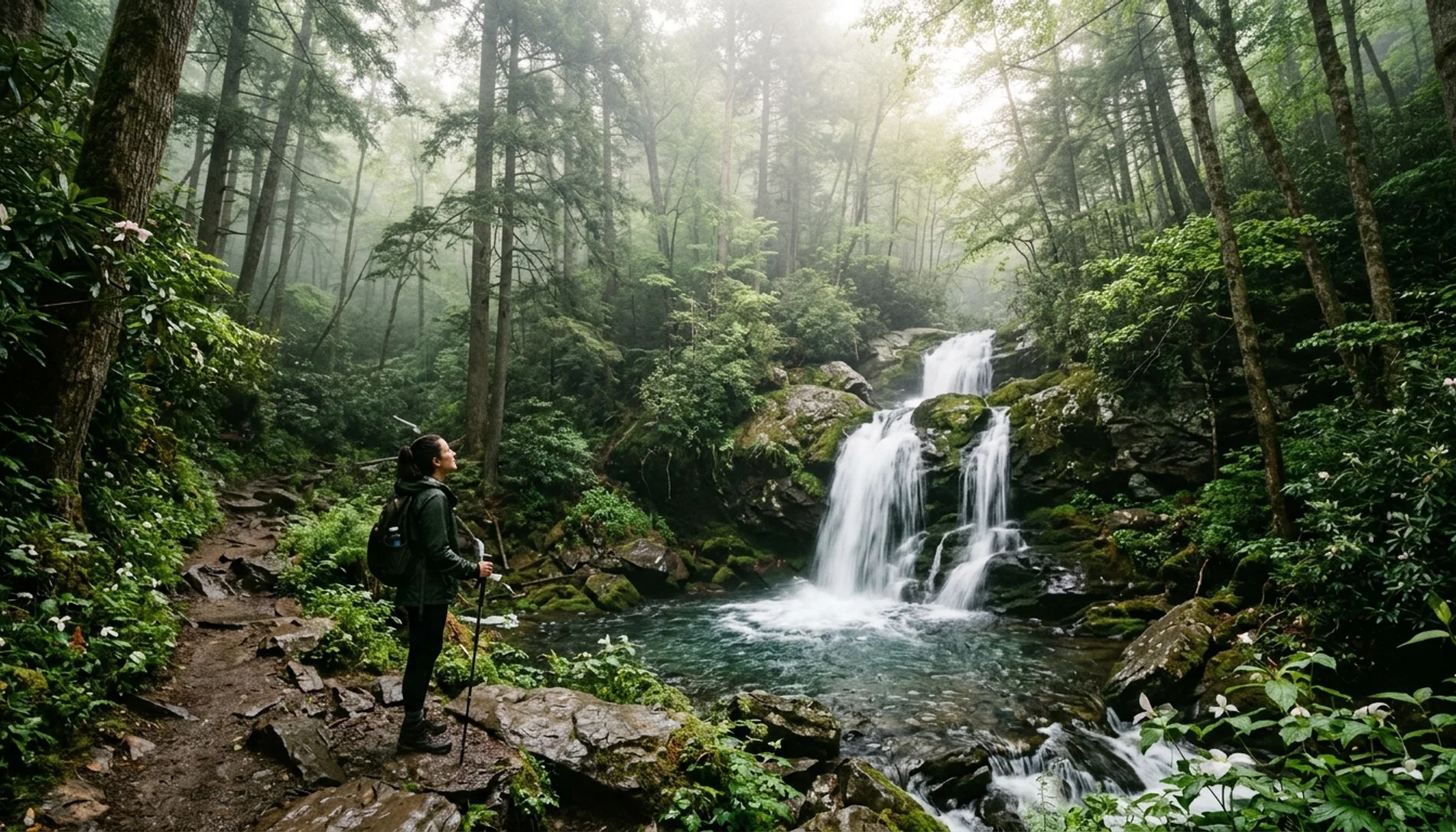 Hidden waterfall on remote Smoky Mountains hiking trail with fewer crowds than tourist paths