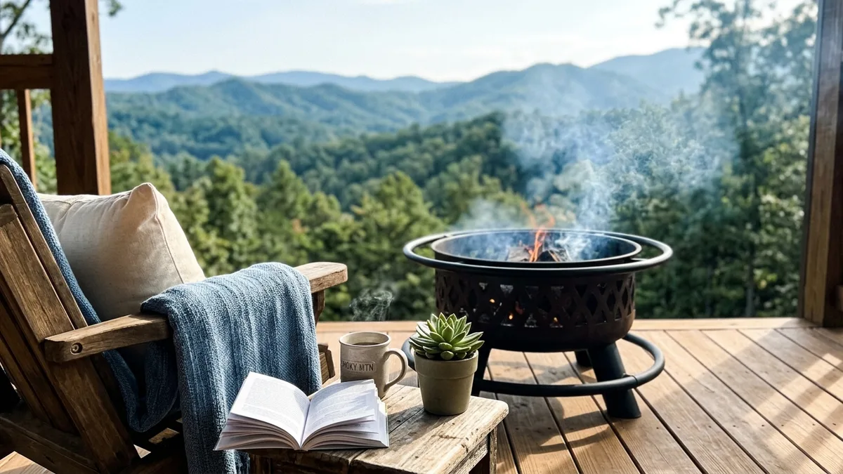 Two-tier fire pit on wooden deck with Smoky Mountain forest views at Mountain Memories cabin in Sevierville