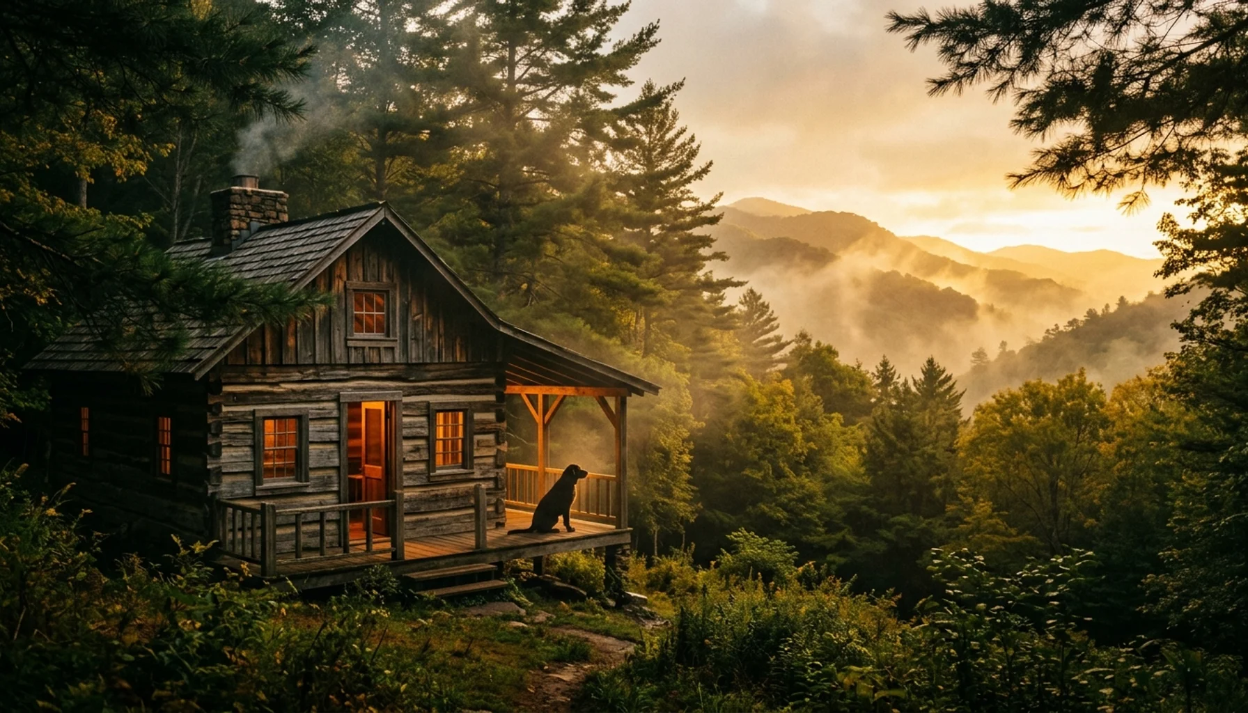 Pet-friendly cabin rental in Sevierville Tennessee mountains with dog on porch at sunset