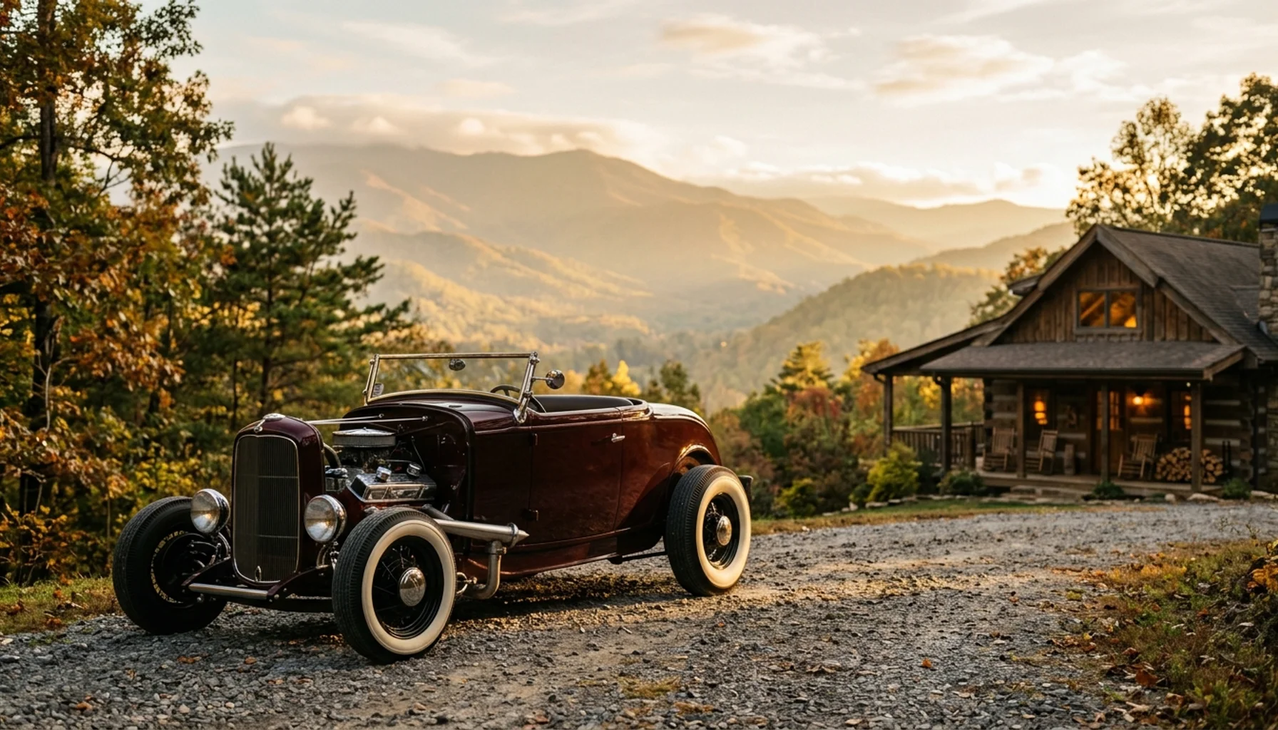 Vintage hot rod parked at mountain cabin for Pigeon Forge TN rod run event weekend getaway