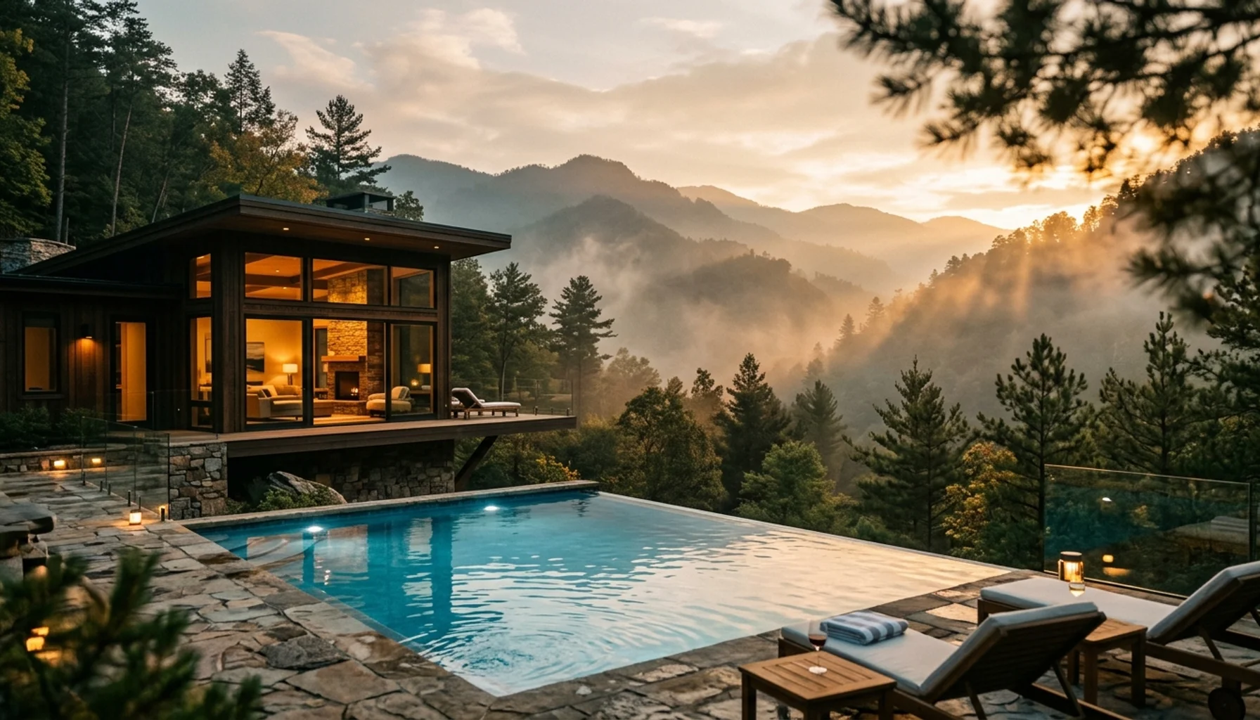 Private pool cabin in Sevierville TN with sparkling blue water at golden hour surrounded by Smoky Mountains