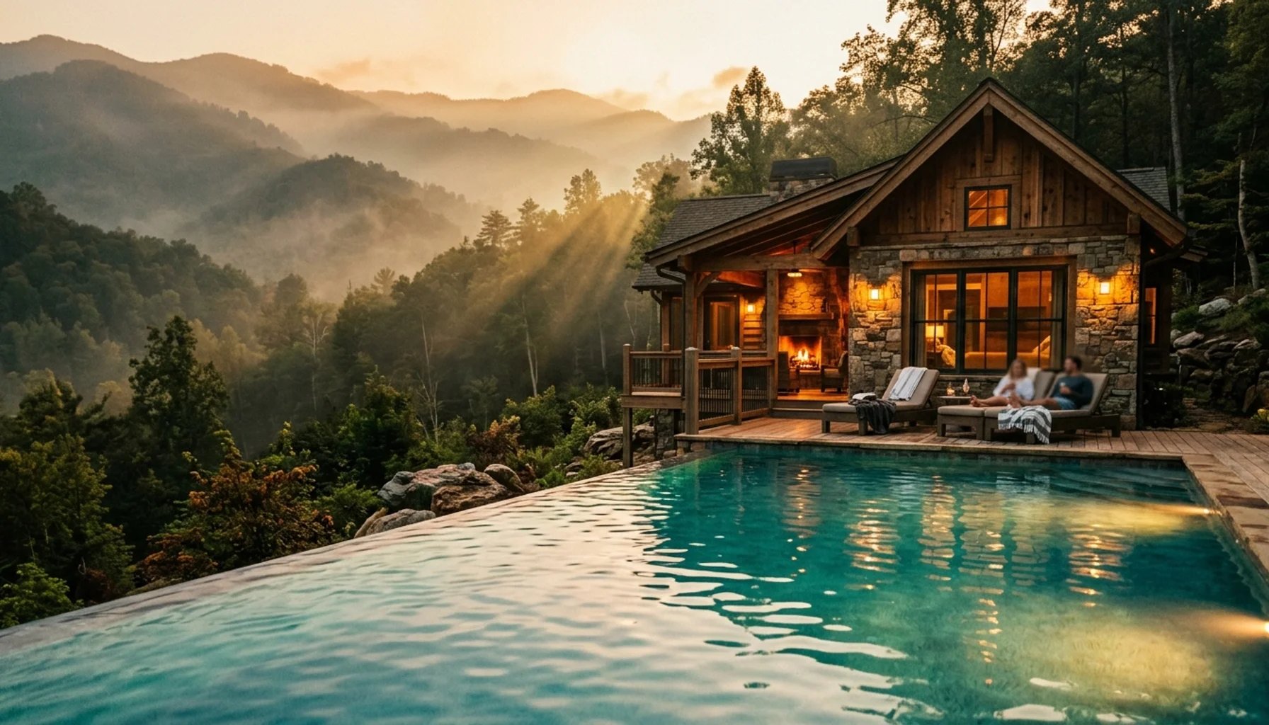 Luxury private pool cabin in Sevierville TN mountains at sunset with illuminated turquoise pool and dramatic mountain backdrop