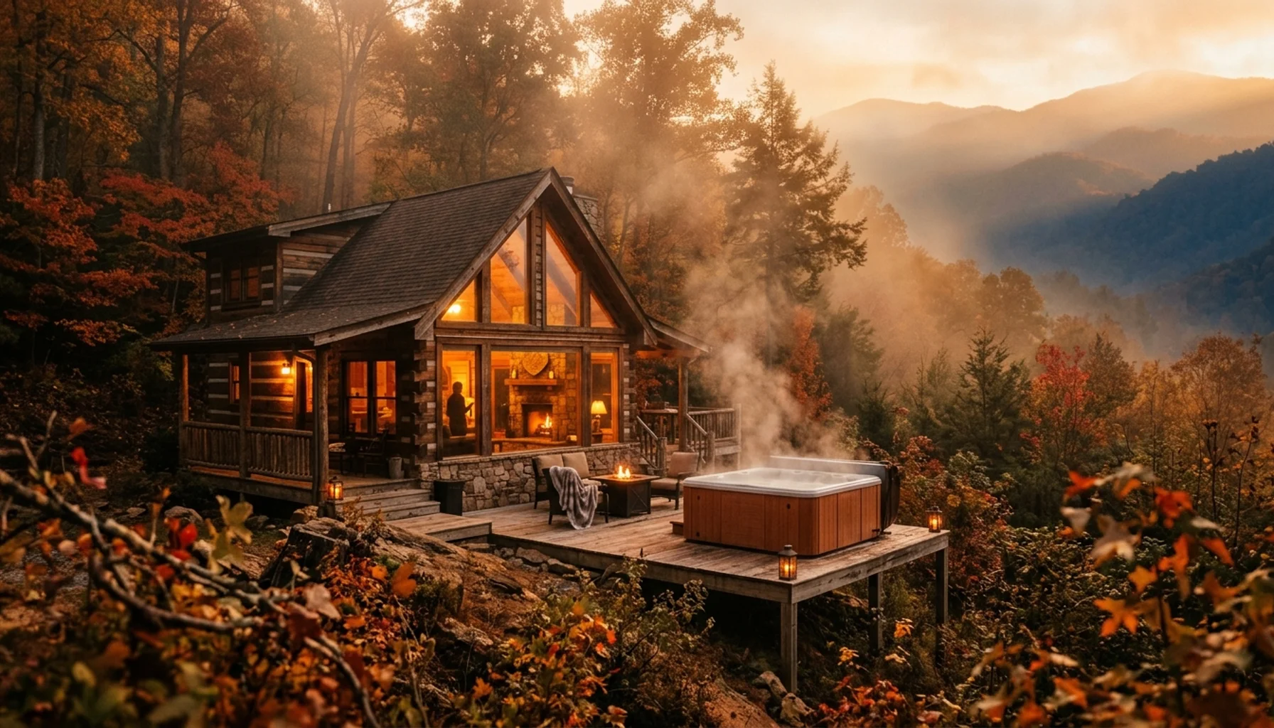 Romantic mountain cabin with fireplace glow and hot tub in Gatlinburg Sevierville area during golden hour