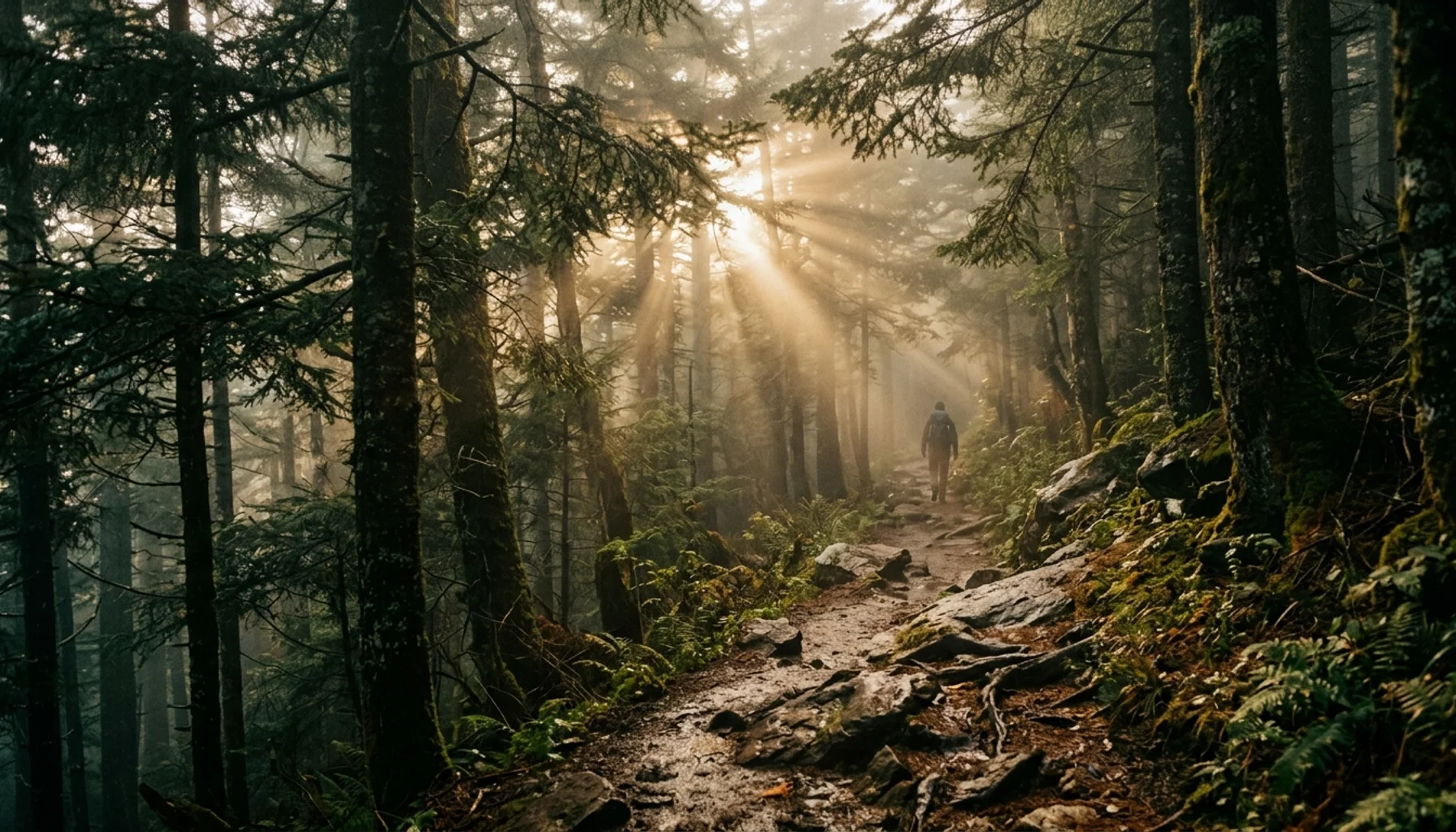 Misty Smoky Mountain hiking trail through evergreen forest with golden hour sunlight and volumetric fog rays
