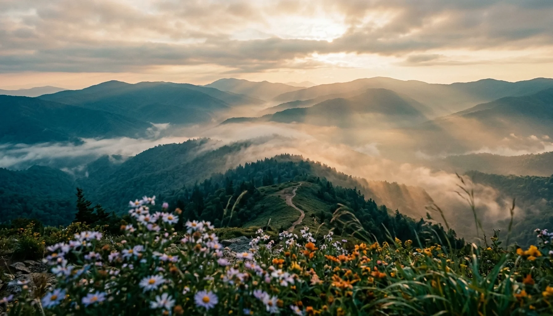 Misty Smoky Mountains landscape with layered peaks at golden hour, showcasing the scenic beauty of Great Smoky Mountain National Park.