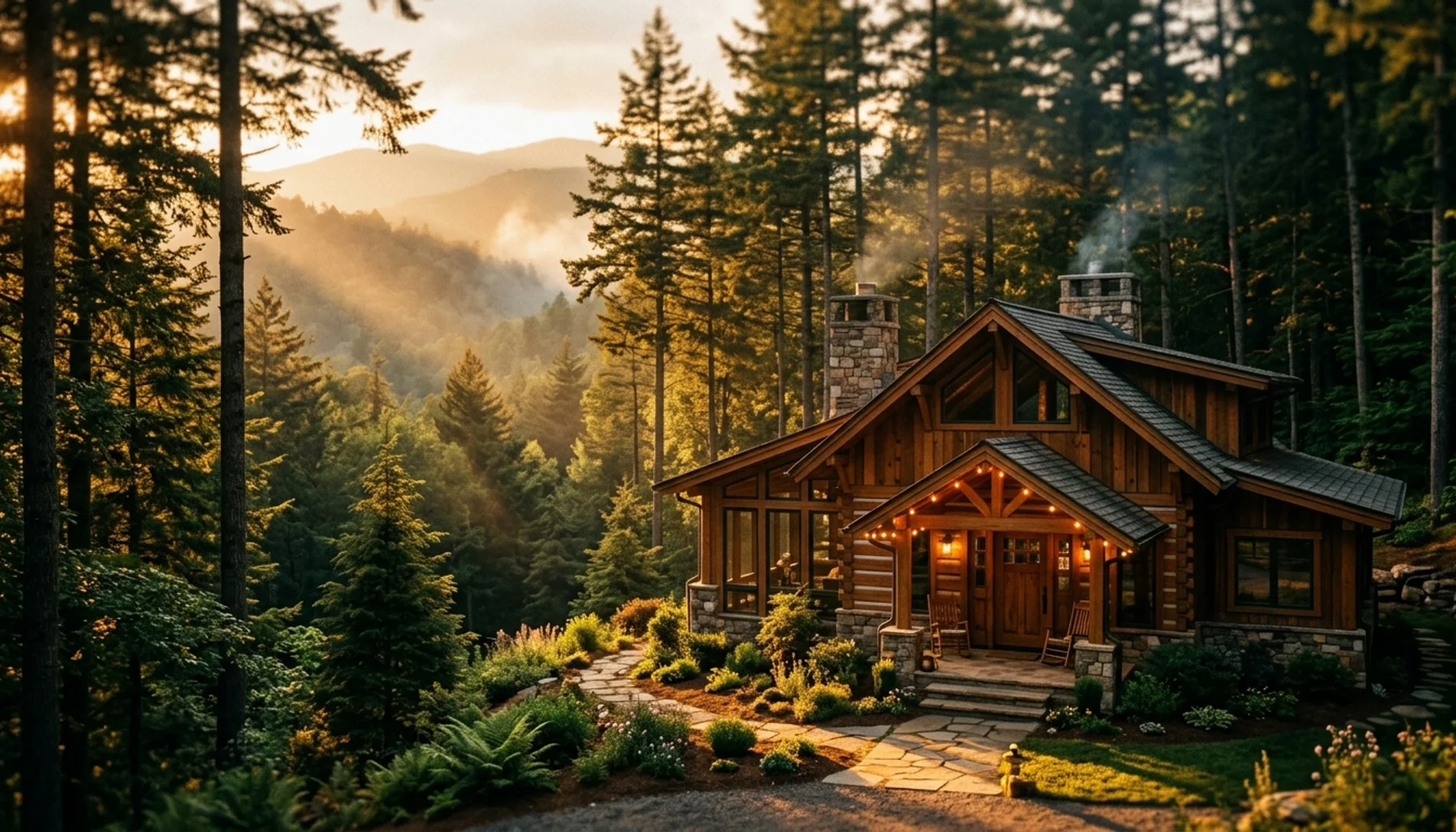 Luxury Gatlinburg cabin at golden hour with mountain forest backdrop, ideal base for exploring Gatlinburg bars