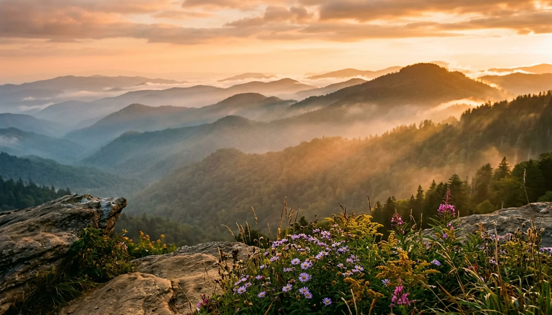 Smoky Mountains 3 day itinerary landscape with misty mountain ridges and golden hour lighting in Great Smoky Mountains National Park