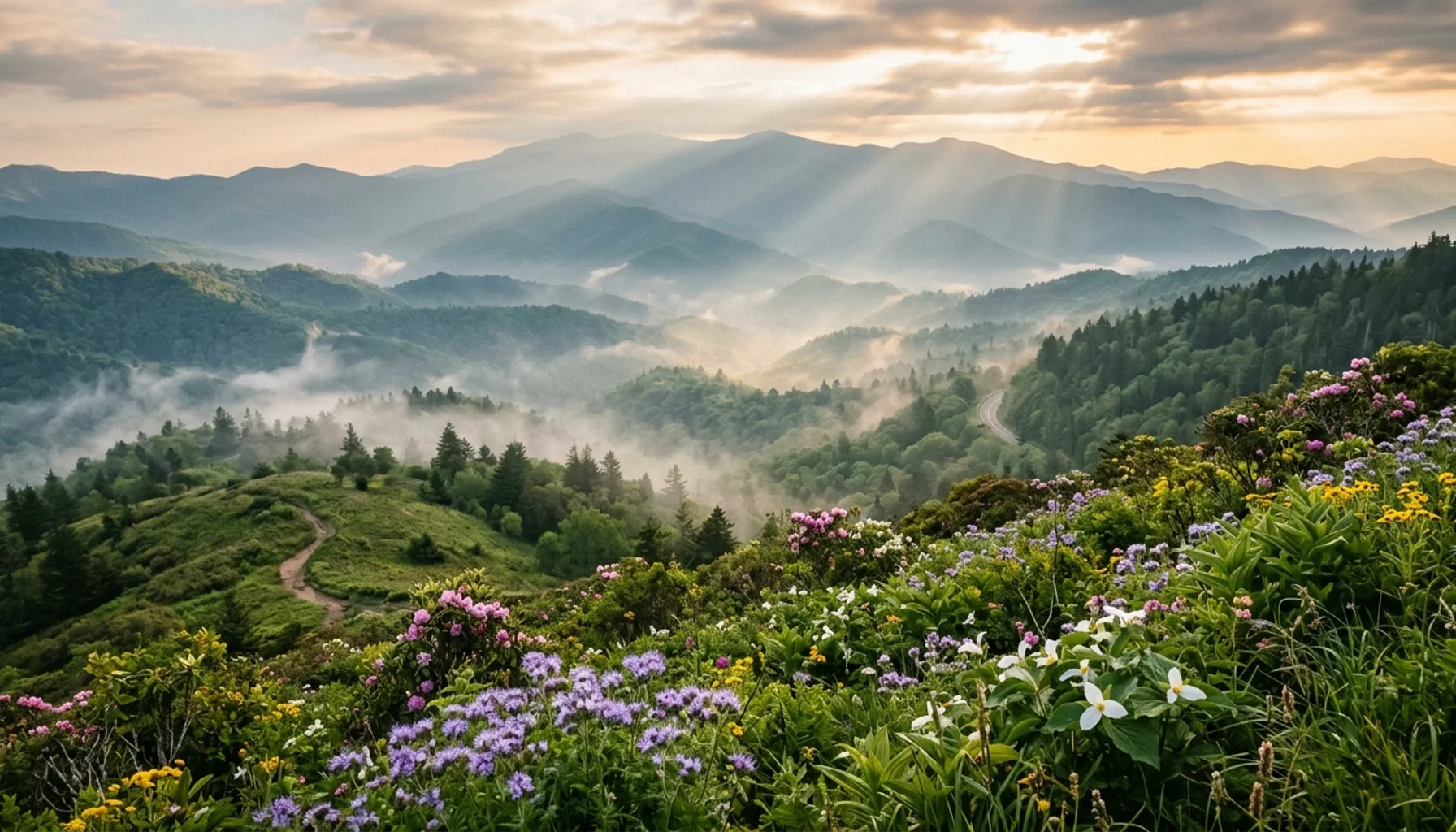 Misty spring mountains with golden hour light and blooming wildflowers in Gatlinburg area, showing weather and elevation changes.