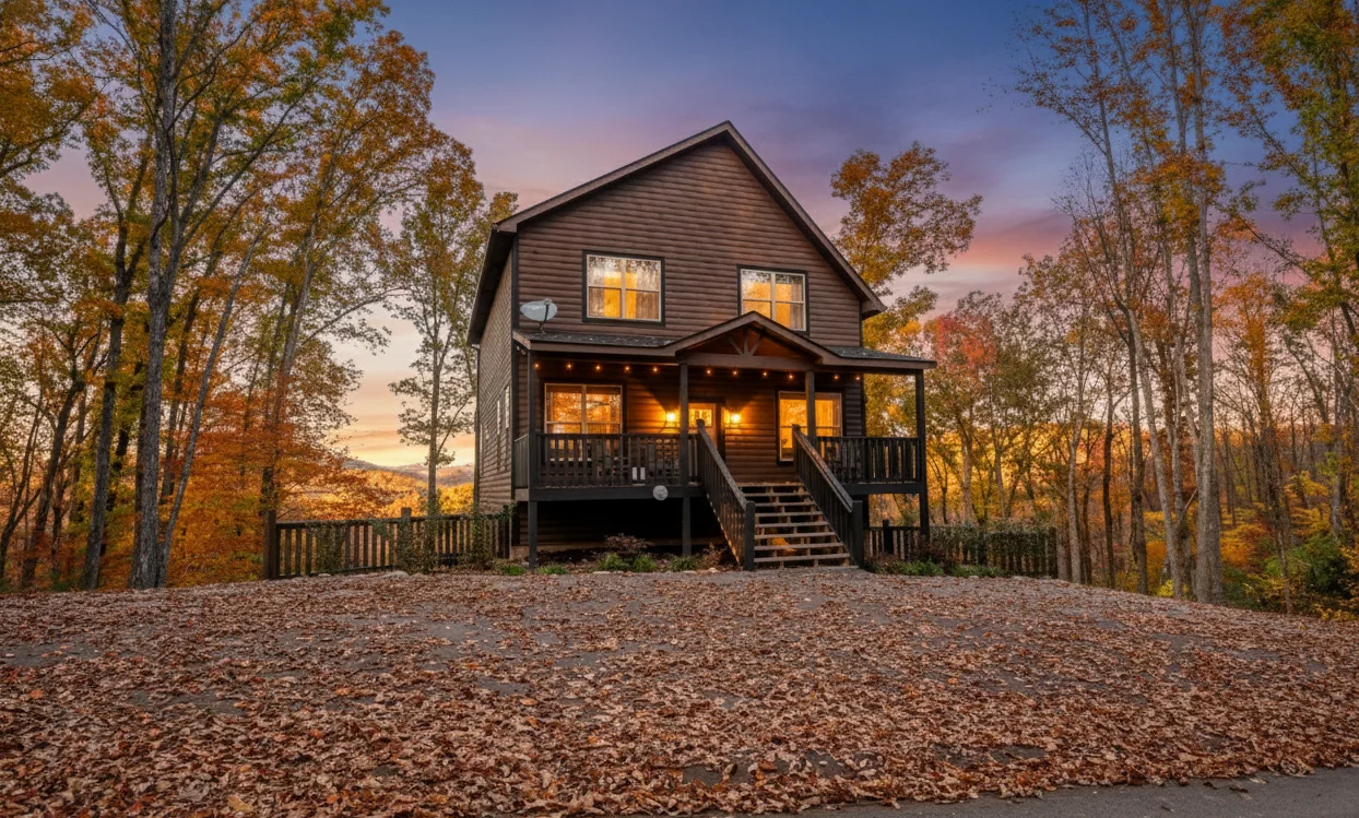 Modern Gatlinburg area luxury cabin exterior with dark siding, wraparound deck, and fall foliage surrounding the property at