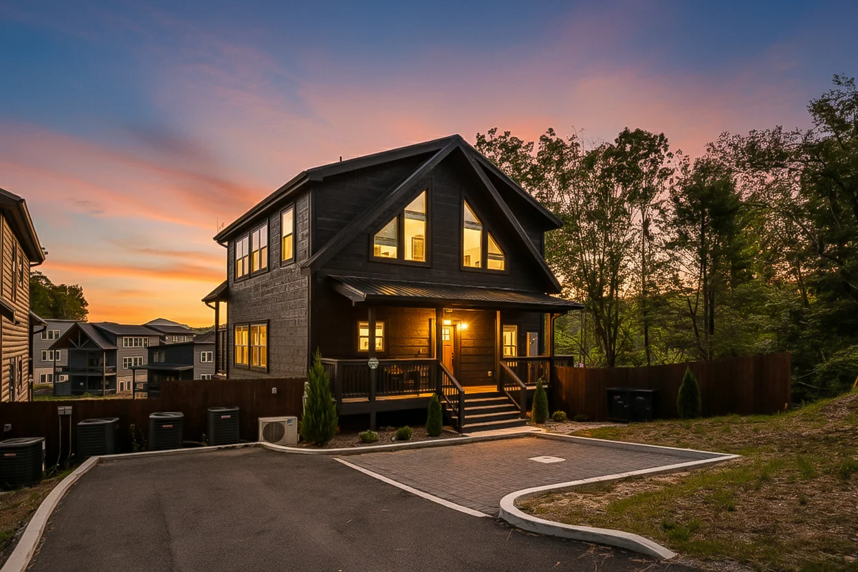 Modern dark exterior vacation rental in Pigeon Forge Tennessee at dusk with illuminated wraparound porch and stone accents