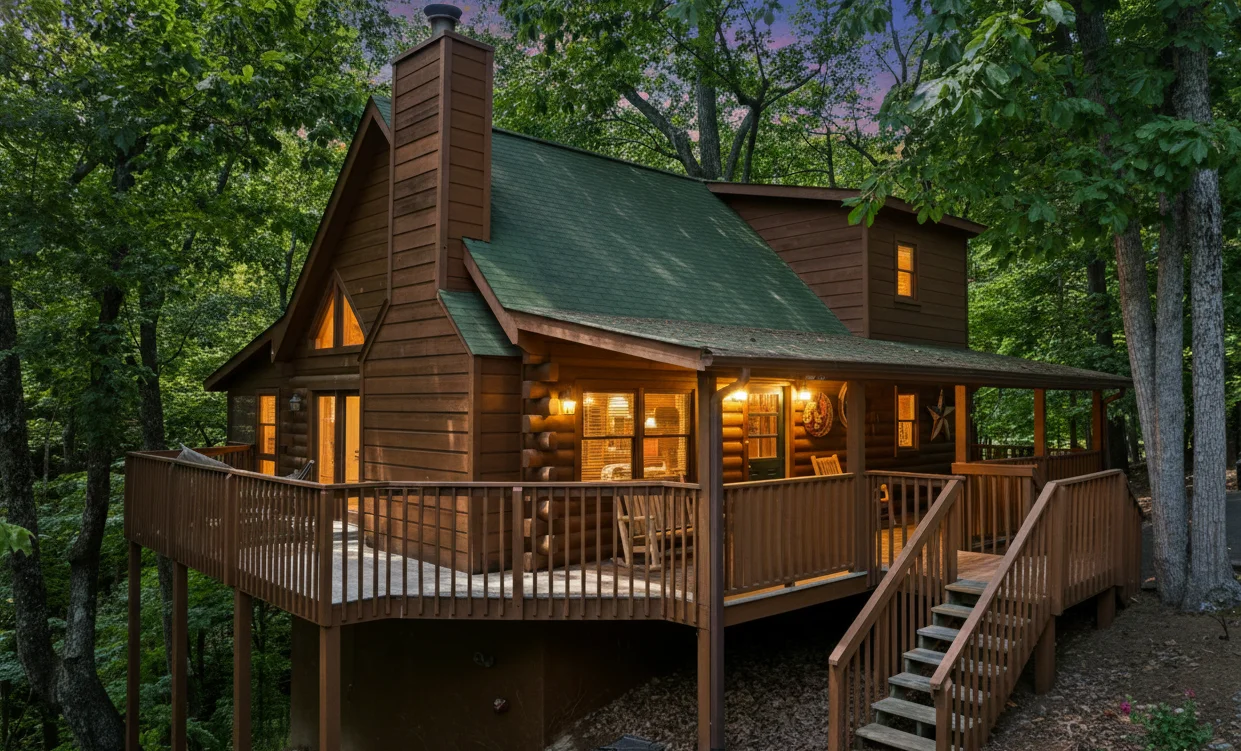 Cozy log cabin with glowing windows in Gatlinburg arts and crafts community forest setting at twilight