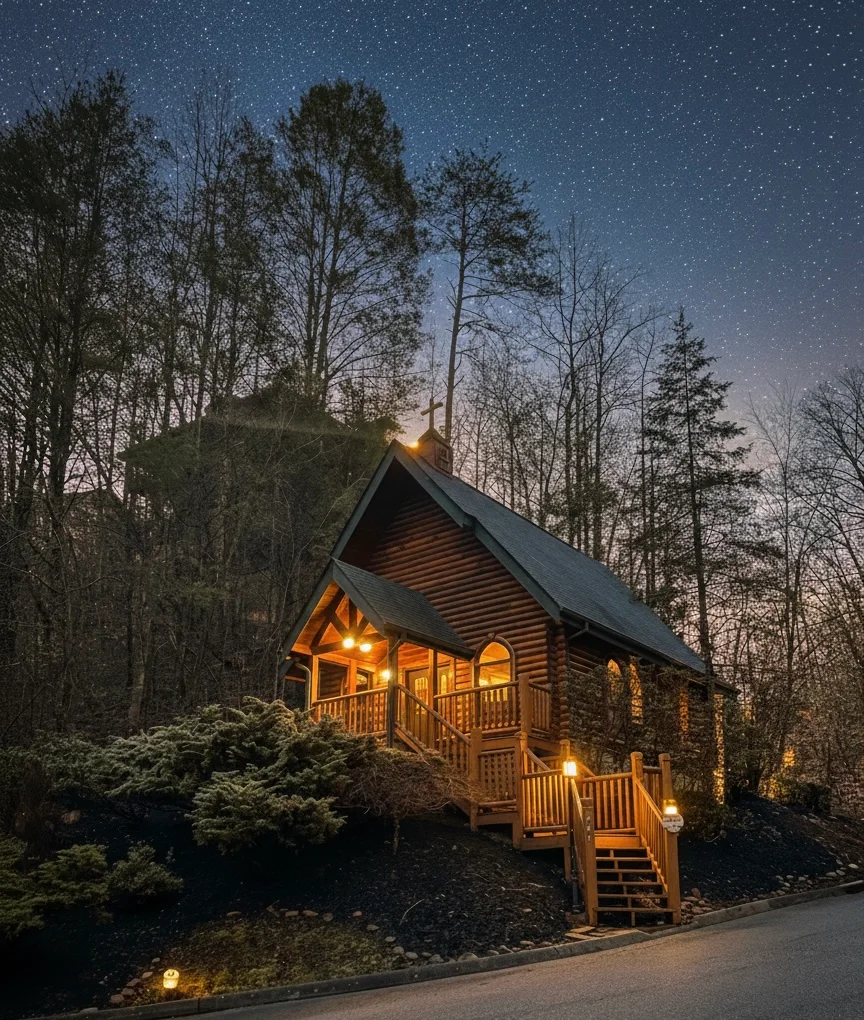 Log cabin surrounded by forest at night with warm lights and starry sky perfect for Gatlinburg TN getaways