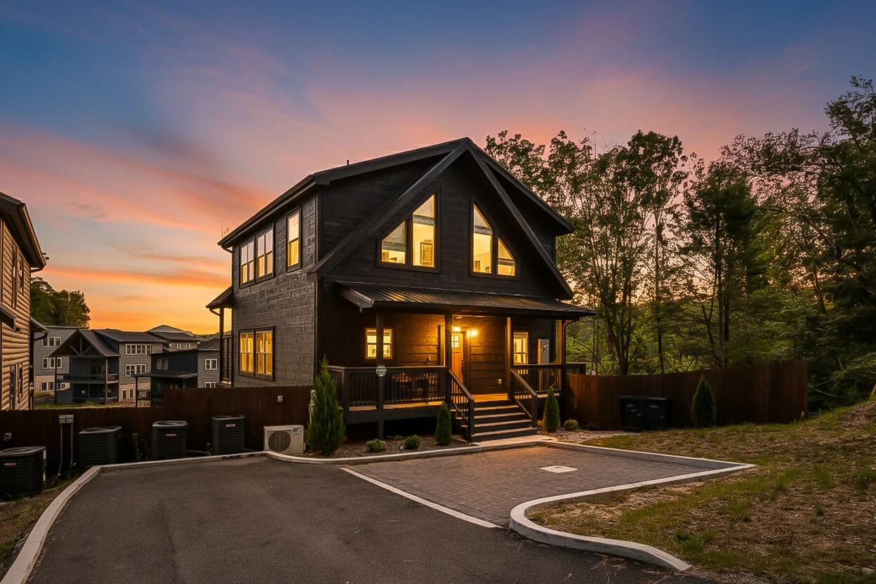 Modern Smoky Mountain property management home at dusk with illuminated windows, wooden deck, and forest setting in