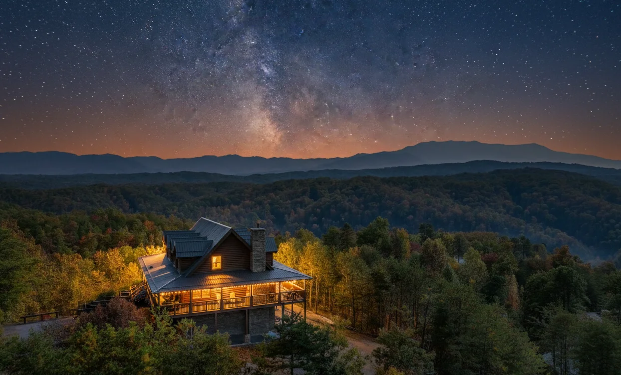 Luxury Smoky Mountain cabin at golden hour with misty peaks, representing professional property management services in Sevierville, TN