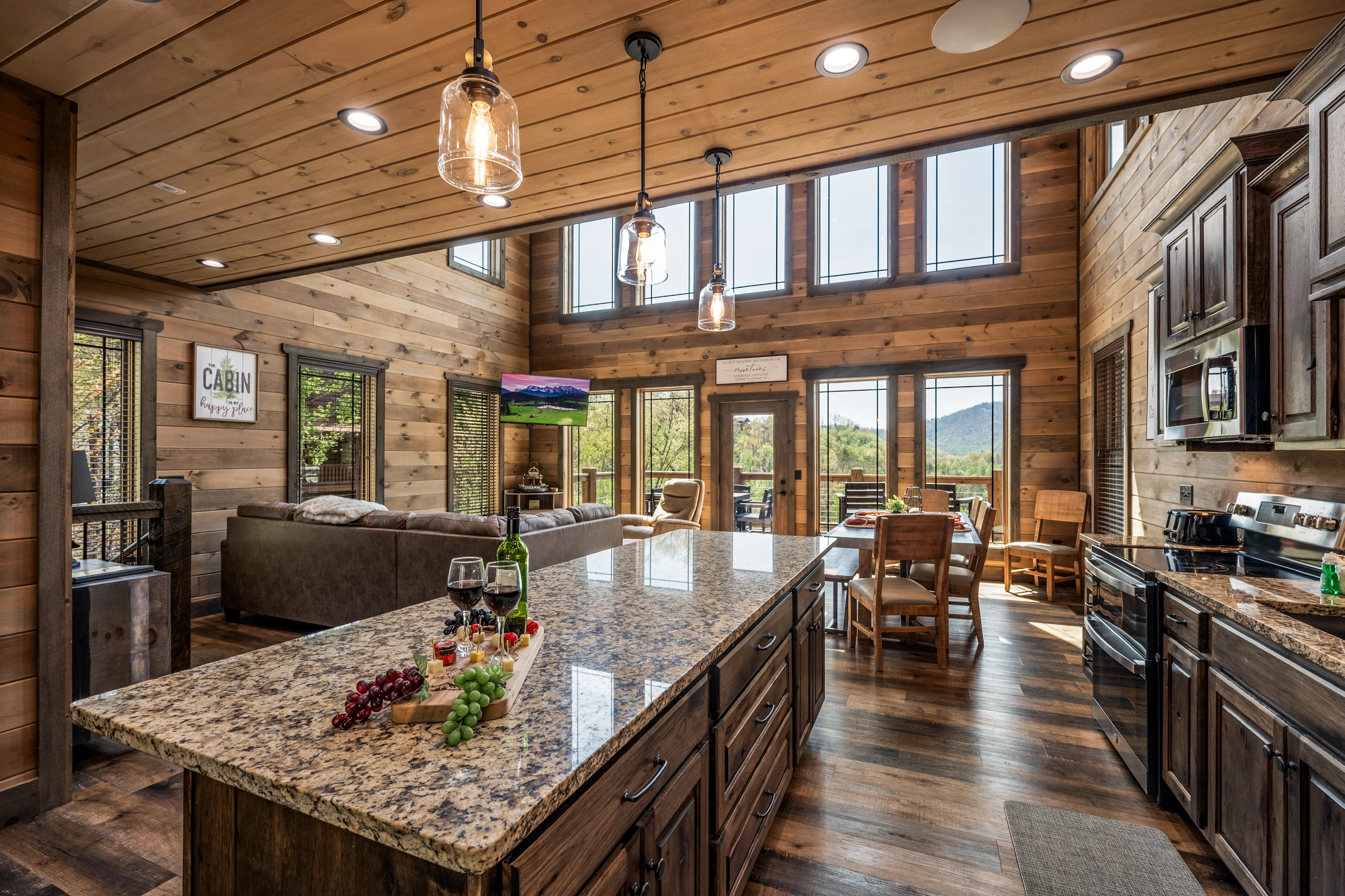Modern log cabin kitchen with granite countertops and mountain views in Sevierville TN