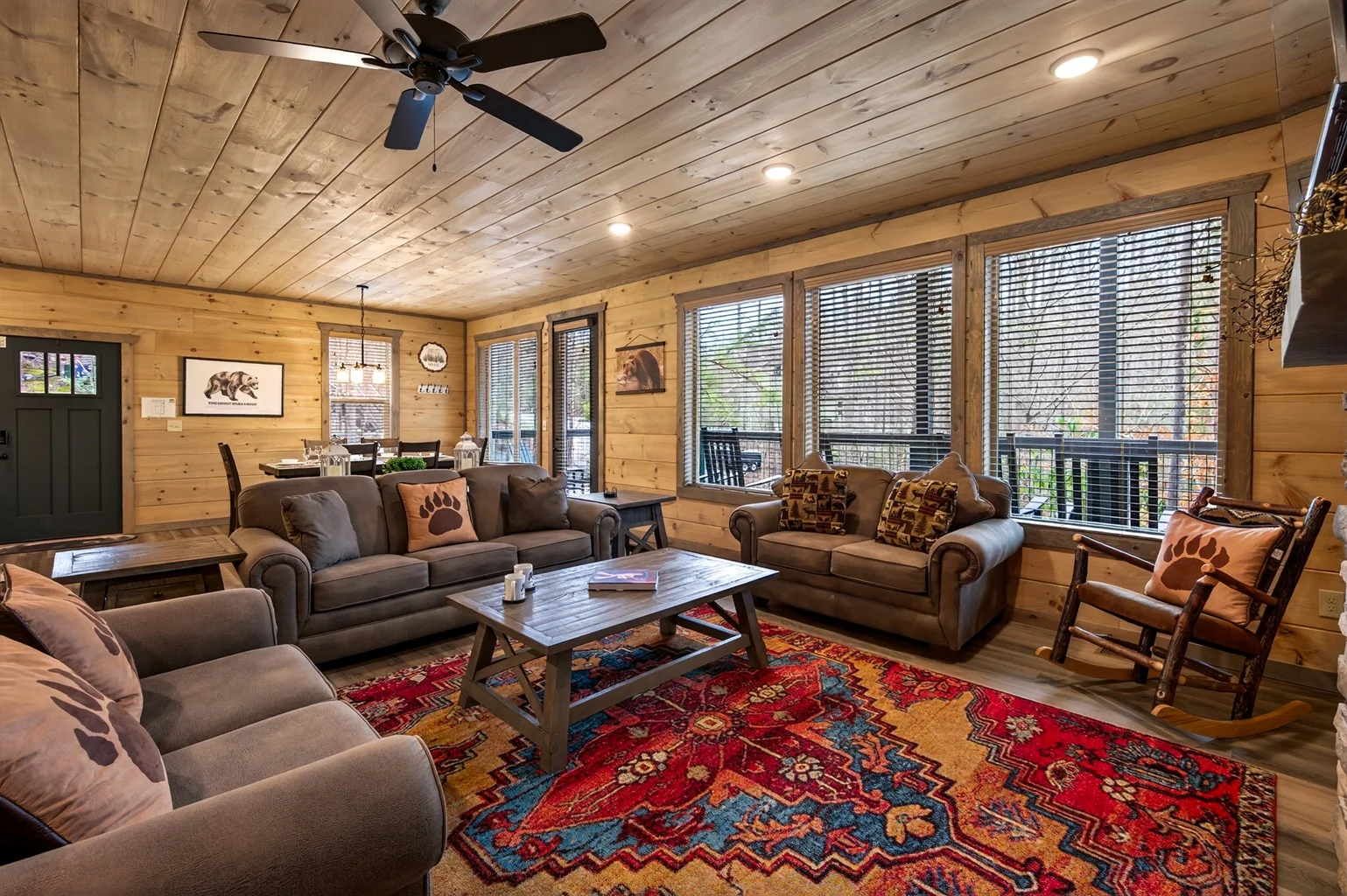 Rustic log cabin living room with mountain views perfect for things to do in Gatlinburg guests