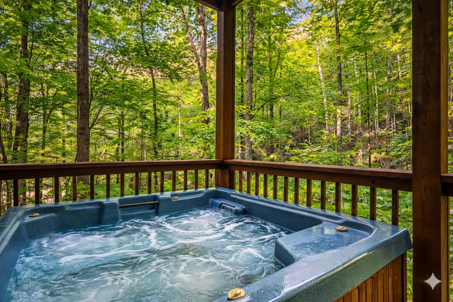 Hot tub on wooden deck overlooking forest with romantic getaway sunset views in Sevierville mountains