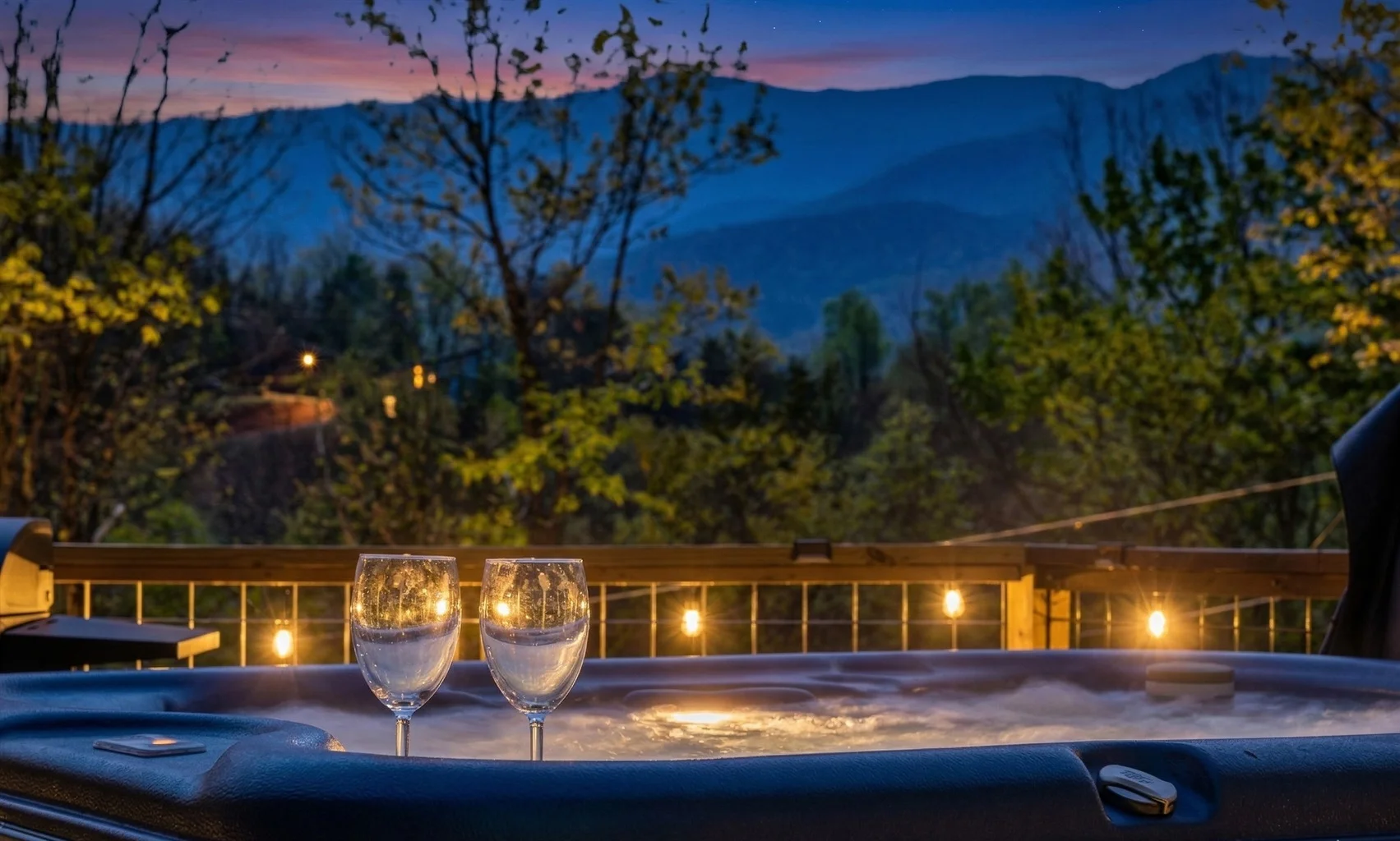 Hot tub with mountain view at Gatlinburg cabin, perfect home base for July 4th fireworks viewing