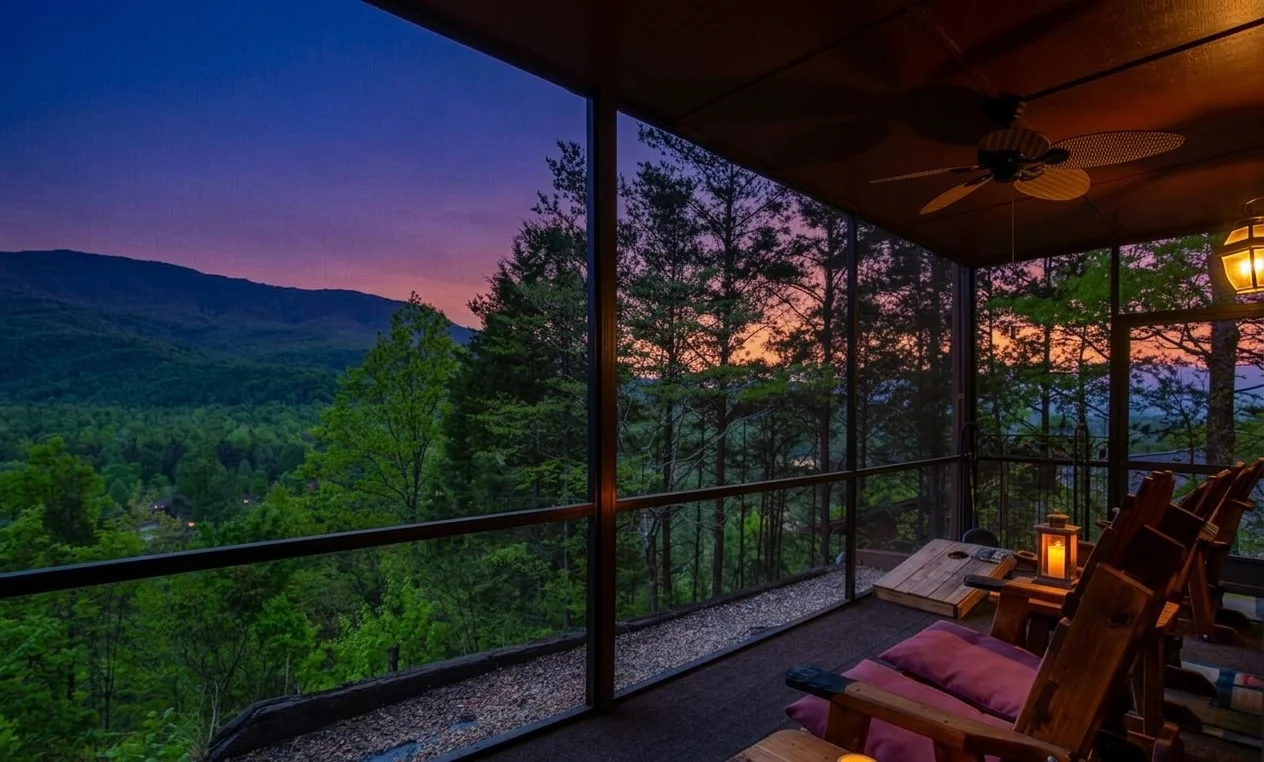 Mountain porch at sunset with Adirondack chairs overlooking Smoky Mountains, perfect vacation rental by owner Pigeon Forge TN