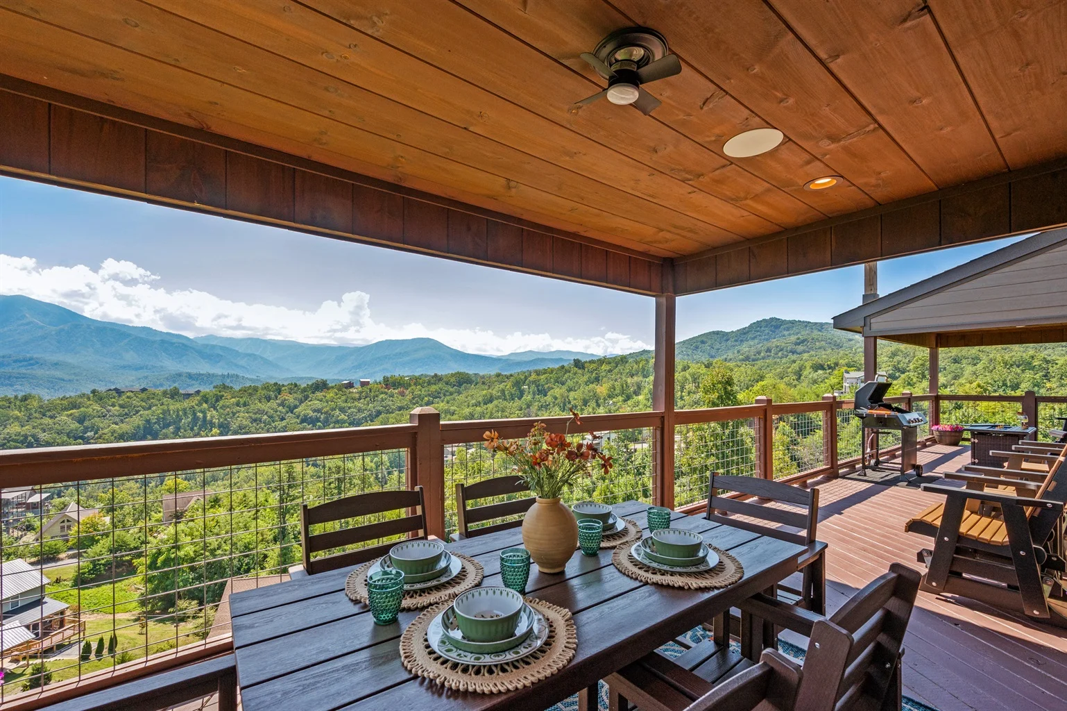Covered patio with dining table overlooking Smoky Mountains in Gatlinburg vacation rental mountain setting