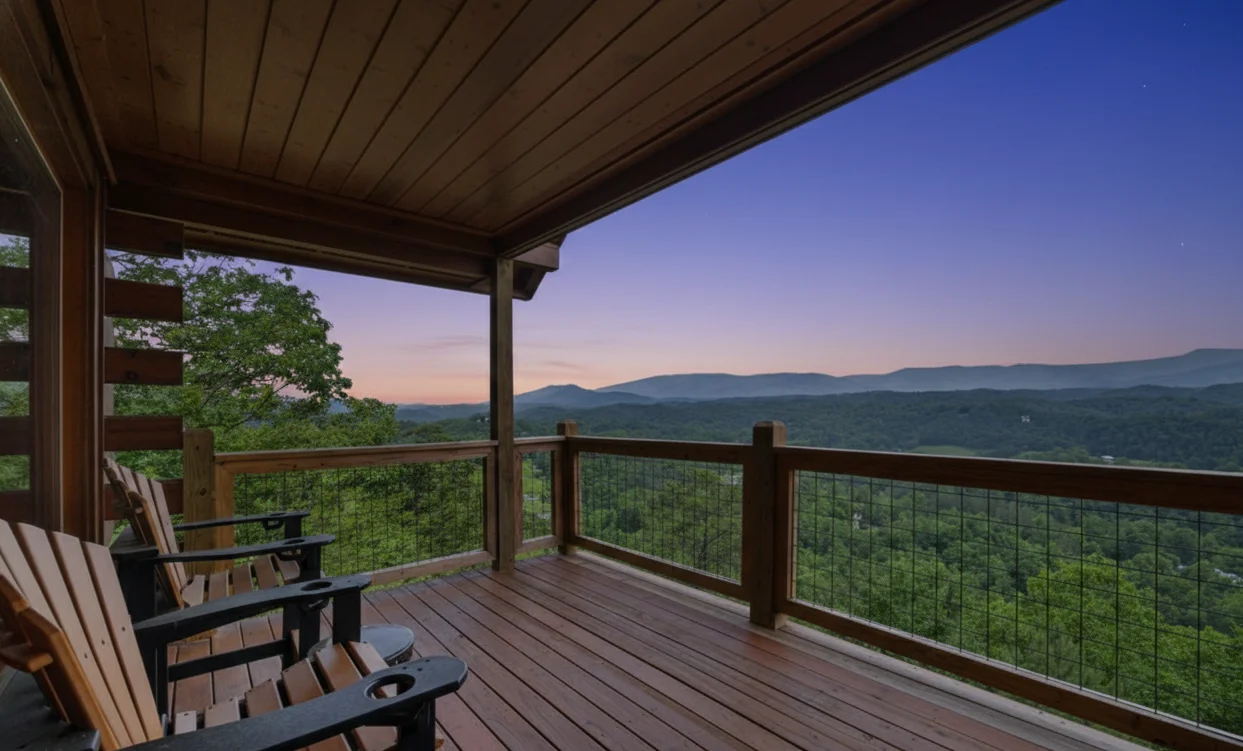 Book direct Pigeon Forge TN mountain cabin with sunset views from covered patio