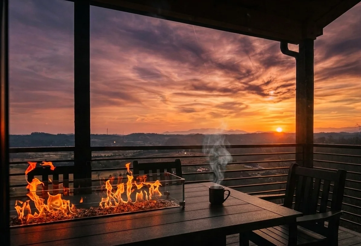 Sunset view from vacation rental Sevierville TN patio with outdoor fireplace and mountain panorama