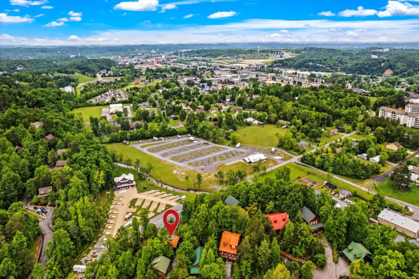Aerial view of Pigeon Forge mountain cabins and resort community where families stay