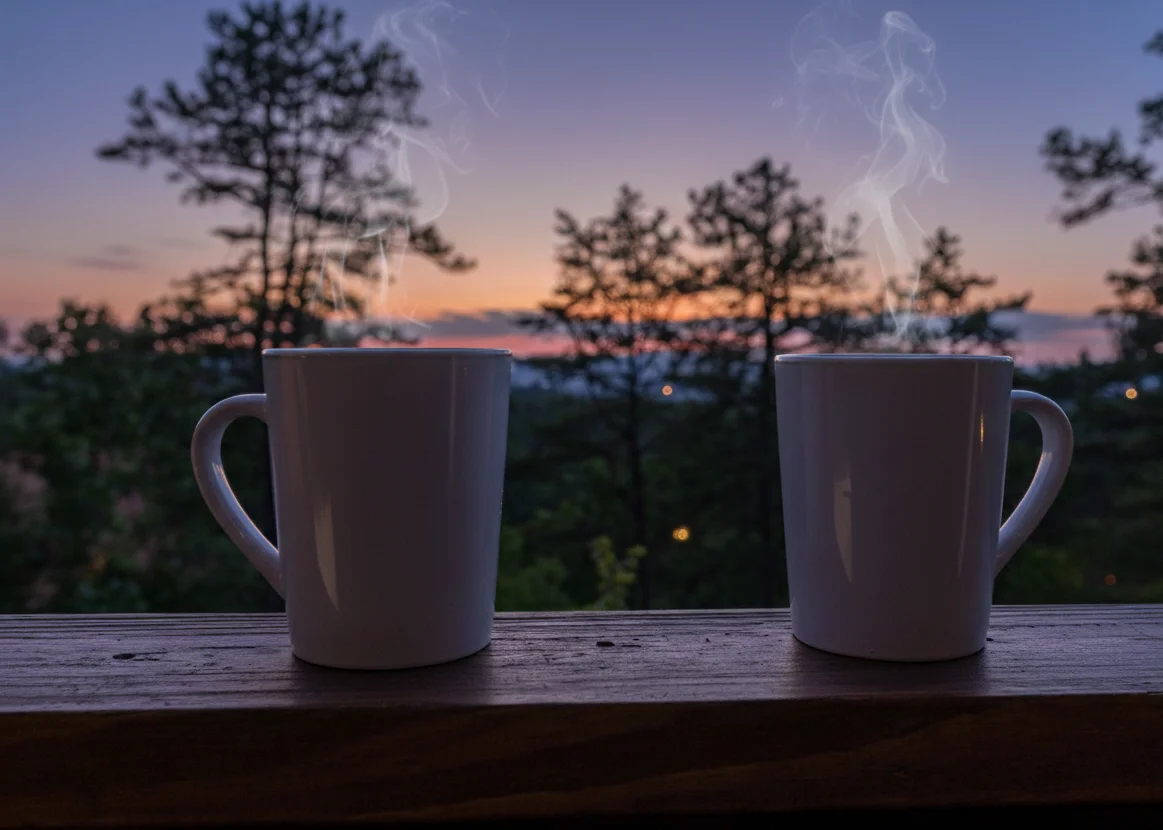 Two steaming mugs on wooden railing with sunset over Smoky Mountains, representing peaceful moments during property