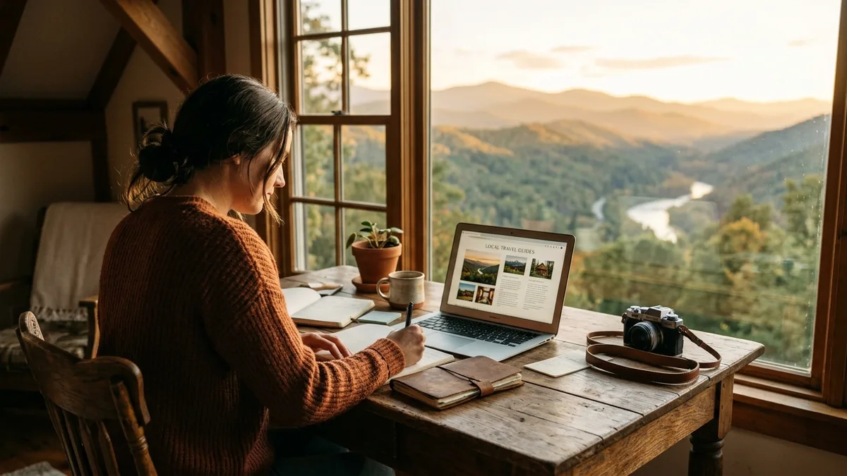 Vacation rental host creating local area guides that sell with SEO content strategy at a desk with mountain views