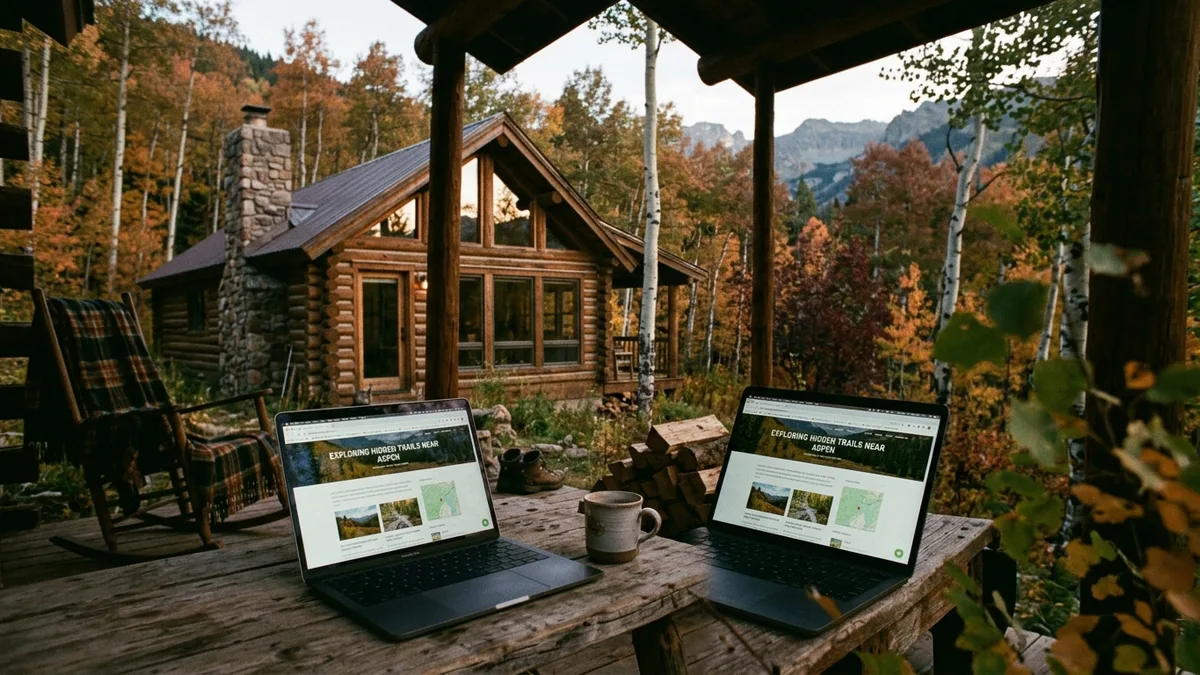 Mountain cabin rental exterior representing AI marketing platforms driving direct bookings for STR hosts