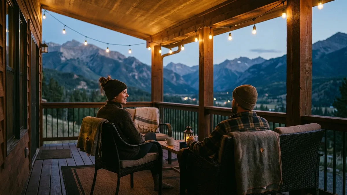 Cozy vacation rental porch at dusk reflecting strong vacation rental brand building and guest experience