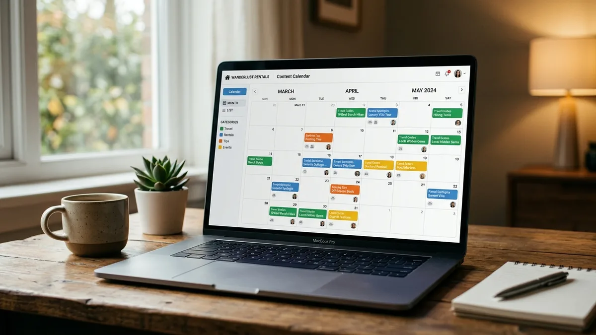 vacation rental article automation content calendar showing scheduled blog posts for STR operators