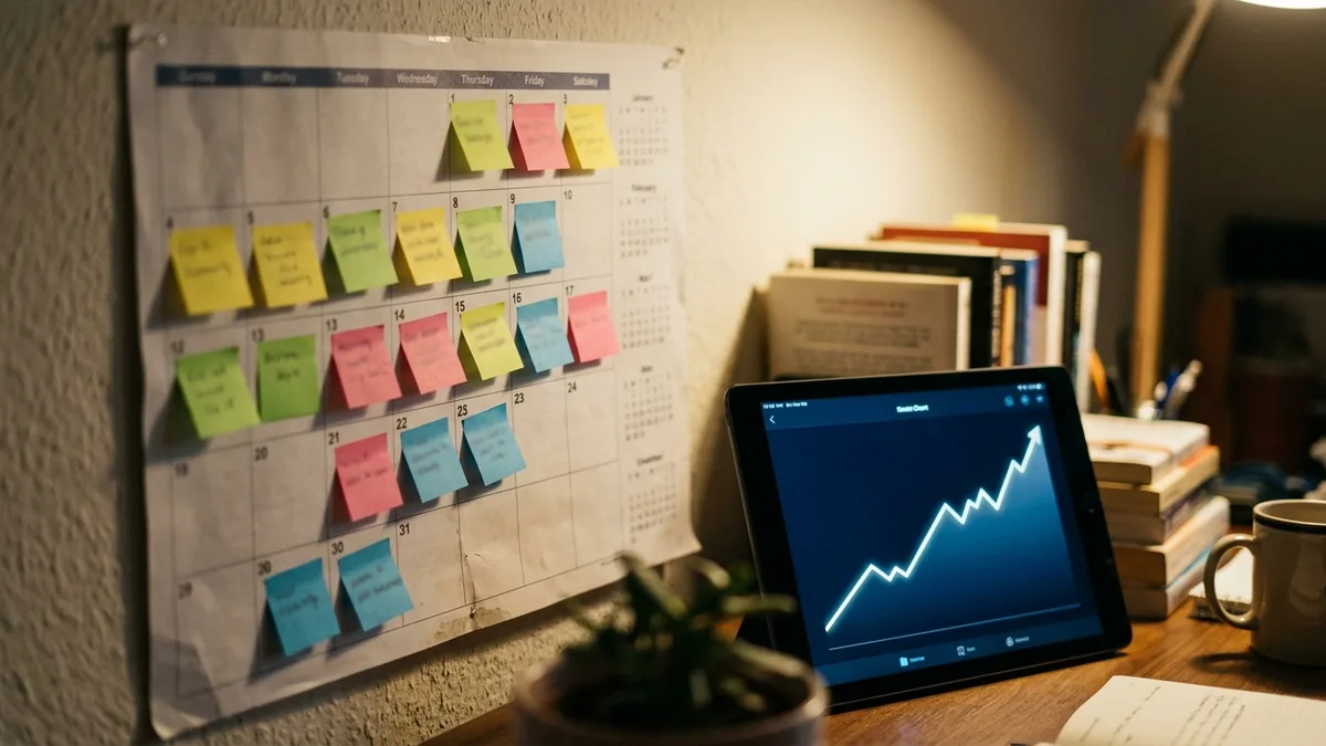 Monthly DA checker log kept next to a blog publishing calendar