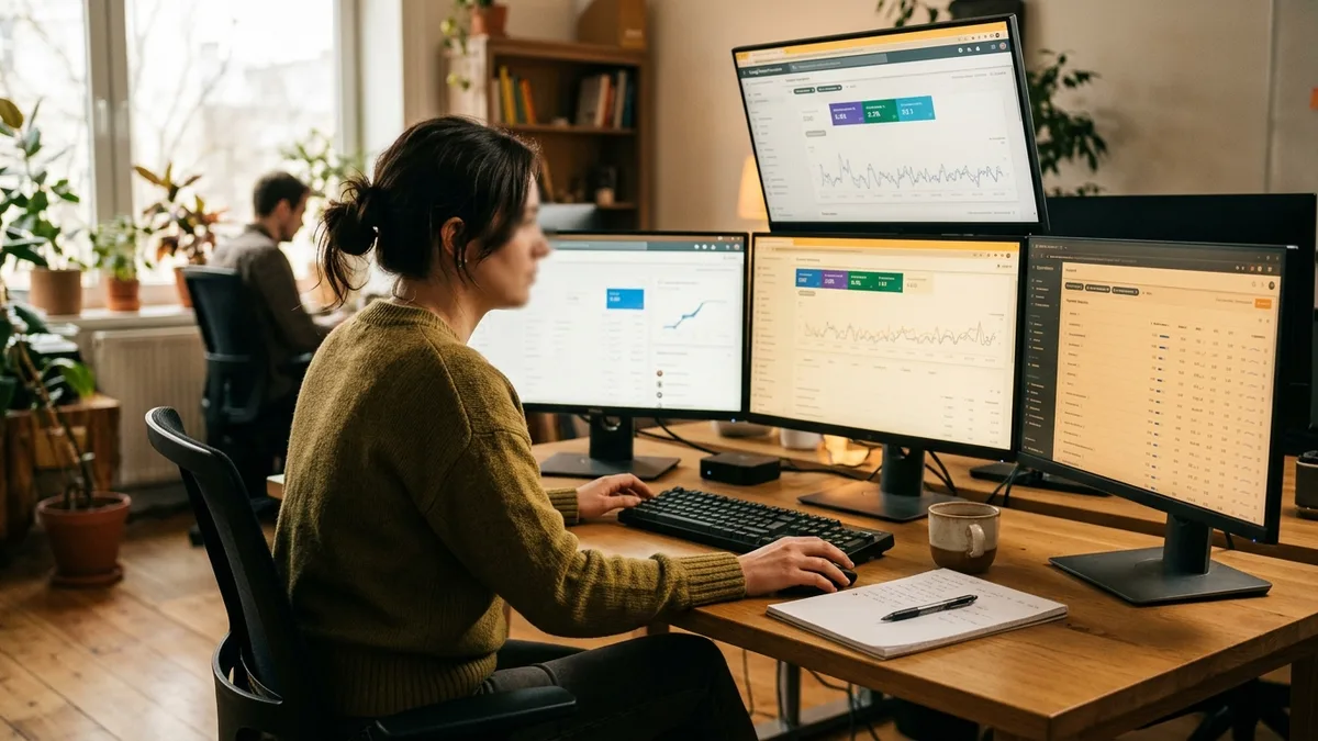 SEO writer analyzing keyword research and content performance metrics