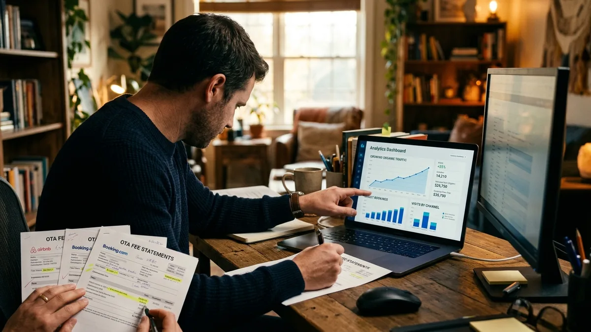 Property manager comparing OTA fees to direct booking growth using best automated SEO tools