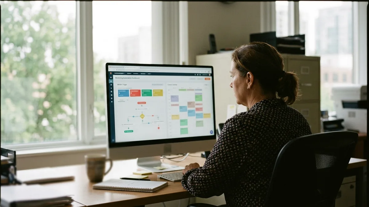 Property management marketing automation dashboard showing scheduled workflows and content
