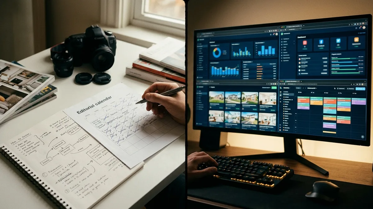 AI-powered marketing platform automating content creation compared to manual blog writing workflow