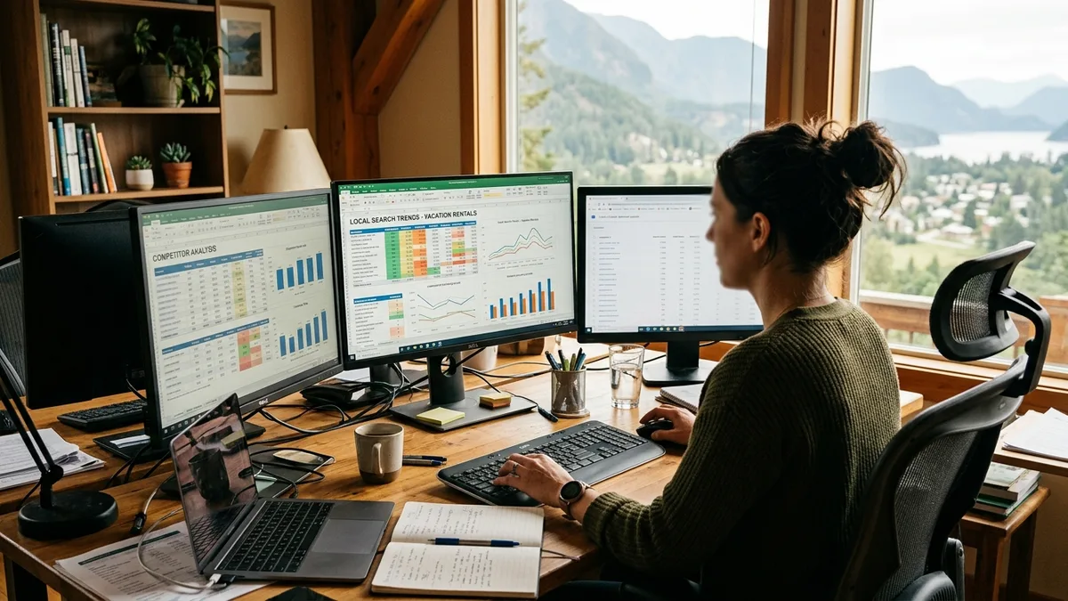 vacation rental SEO keyword research and backlink analysis on multiple monitors
