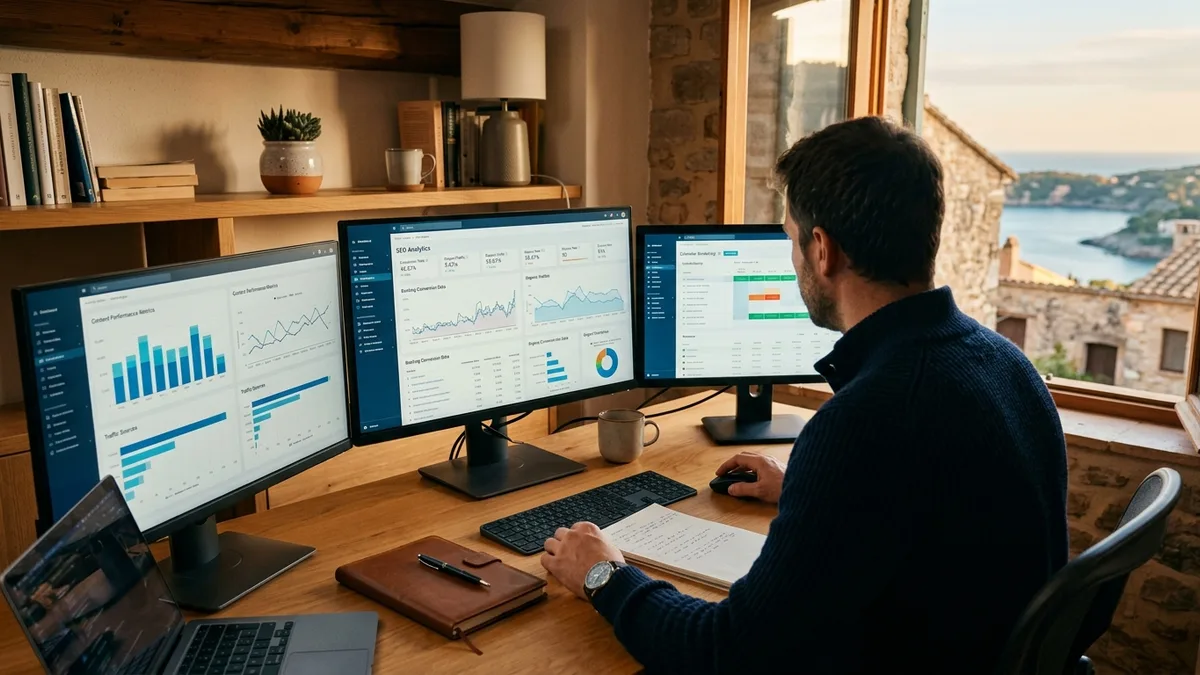 Property manager reviewing SEO analytics to fix an Airbnb listing not getting views