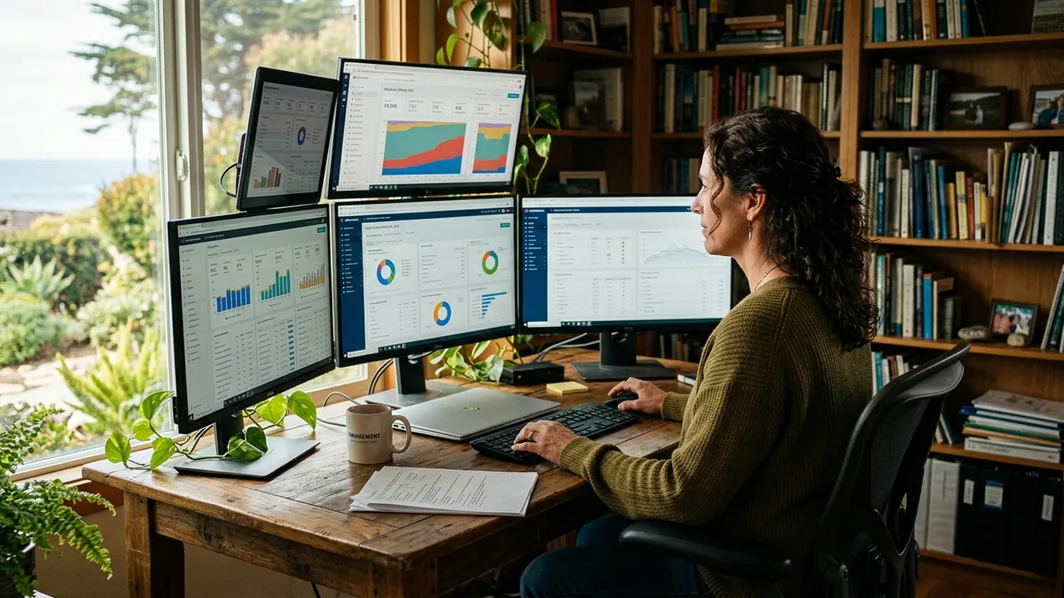Property manager reviewing best AI search optimization platform for beginners analytics dashboard