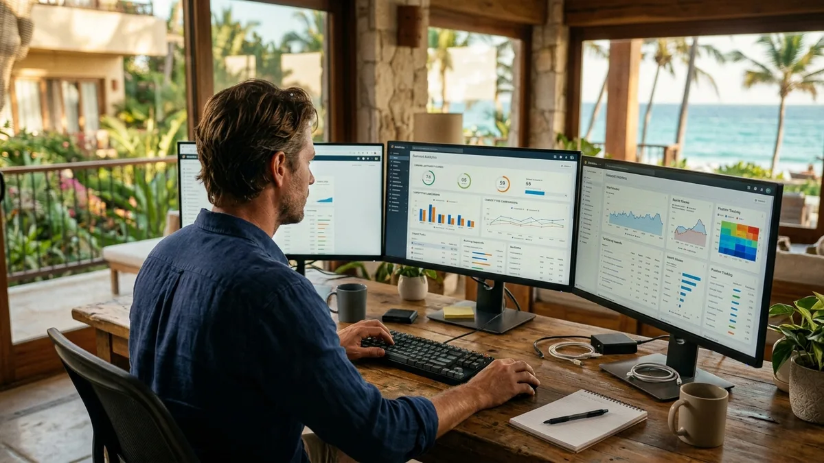 vacation rental property manager reviewing SEO analytics to fix website not ranking on Google
