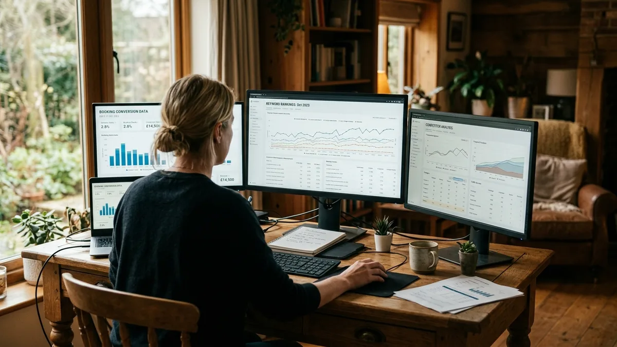 AI-powered content platform dashboard showing vacation rental SEO analytics and scheduling