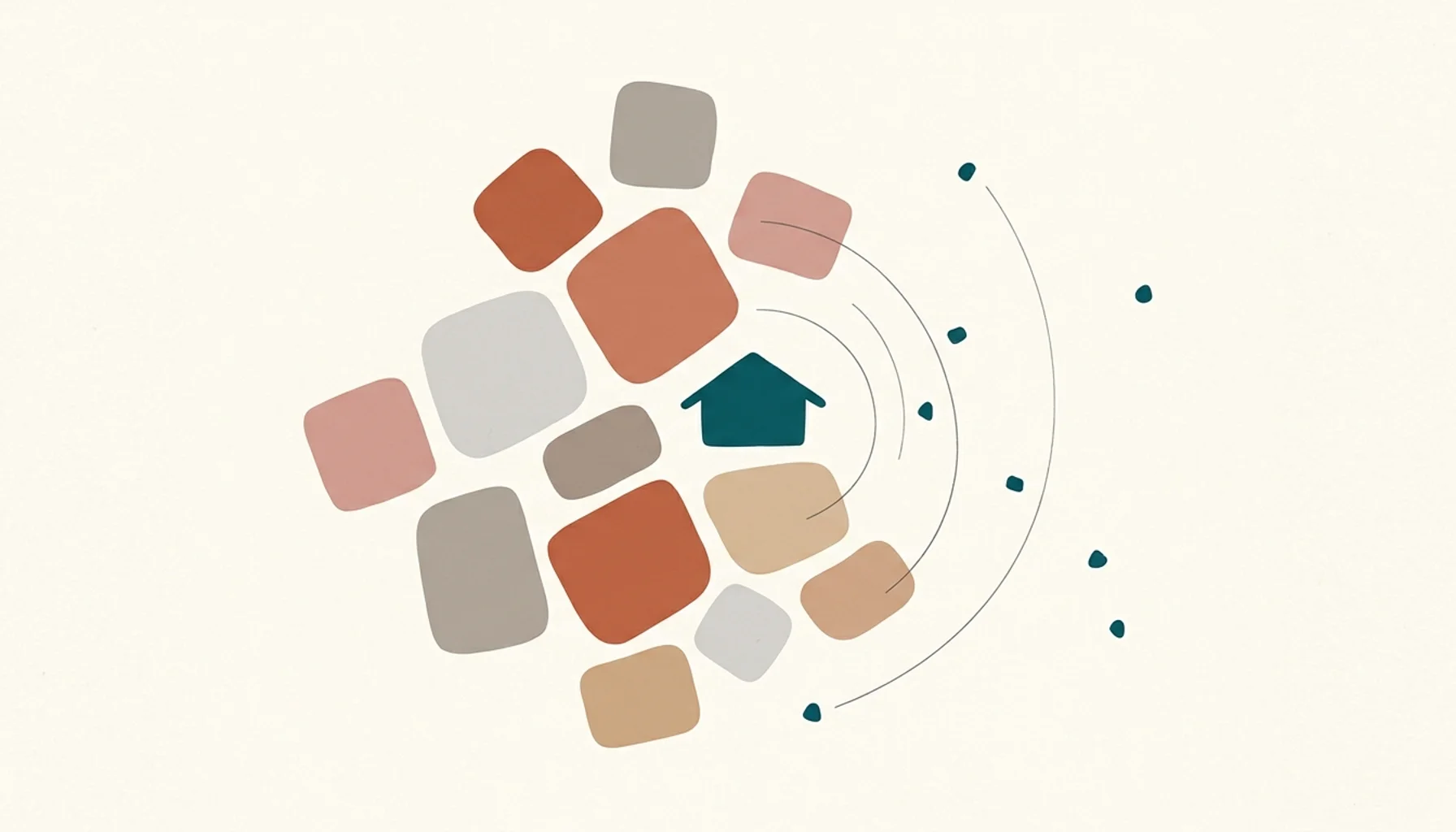 Flat vector illustration of scattered content tiles and a rooftop shape symbolizing an AI blog writing tool for STR operators