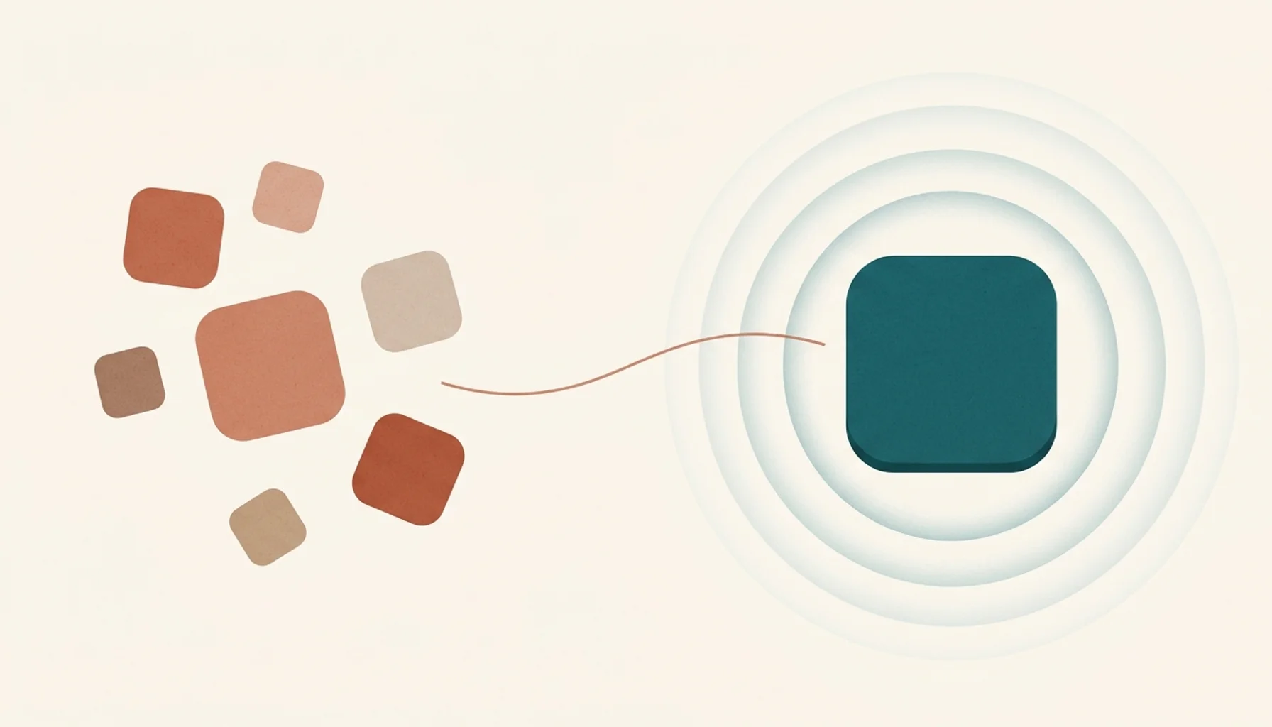 Abstract illustration of scattered tool tiles converging into one radiating shape, symbolizing ai marketing platforms for short-term rentals