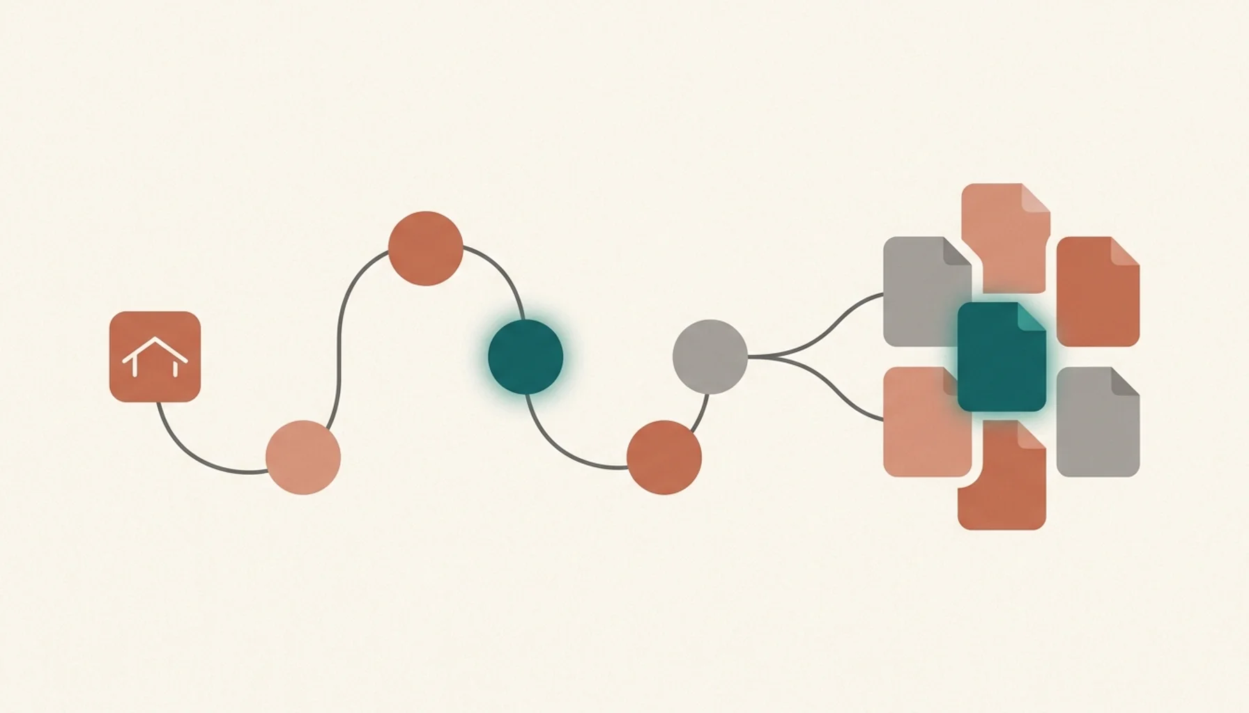 Abstract illustration of connected nodes and stacked tiles symbolizing ai-powered content creation workflow for short-term rental hosts